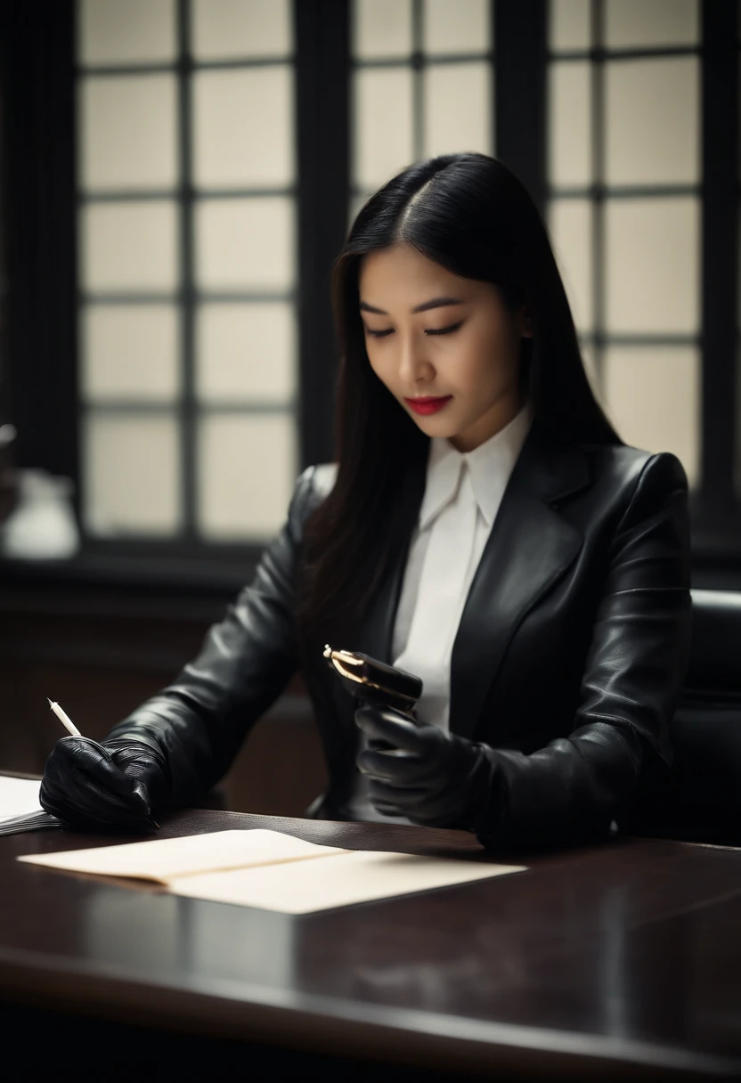 Wearing black leather gloves in both hands, upper body, black business suit, facing the desk in the modern study in the dark, looking down and smiling, writing a letter using a fountain pen, long, straight black hair, young Japanese woman (black leather gloves cover both hands)