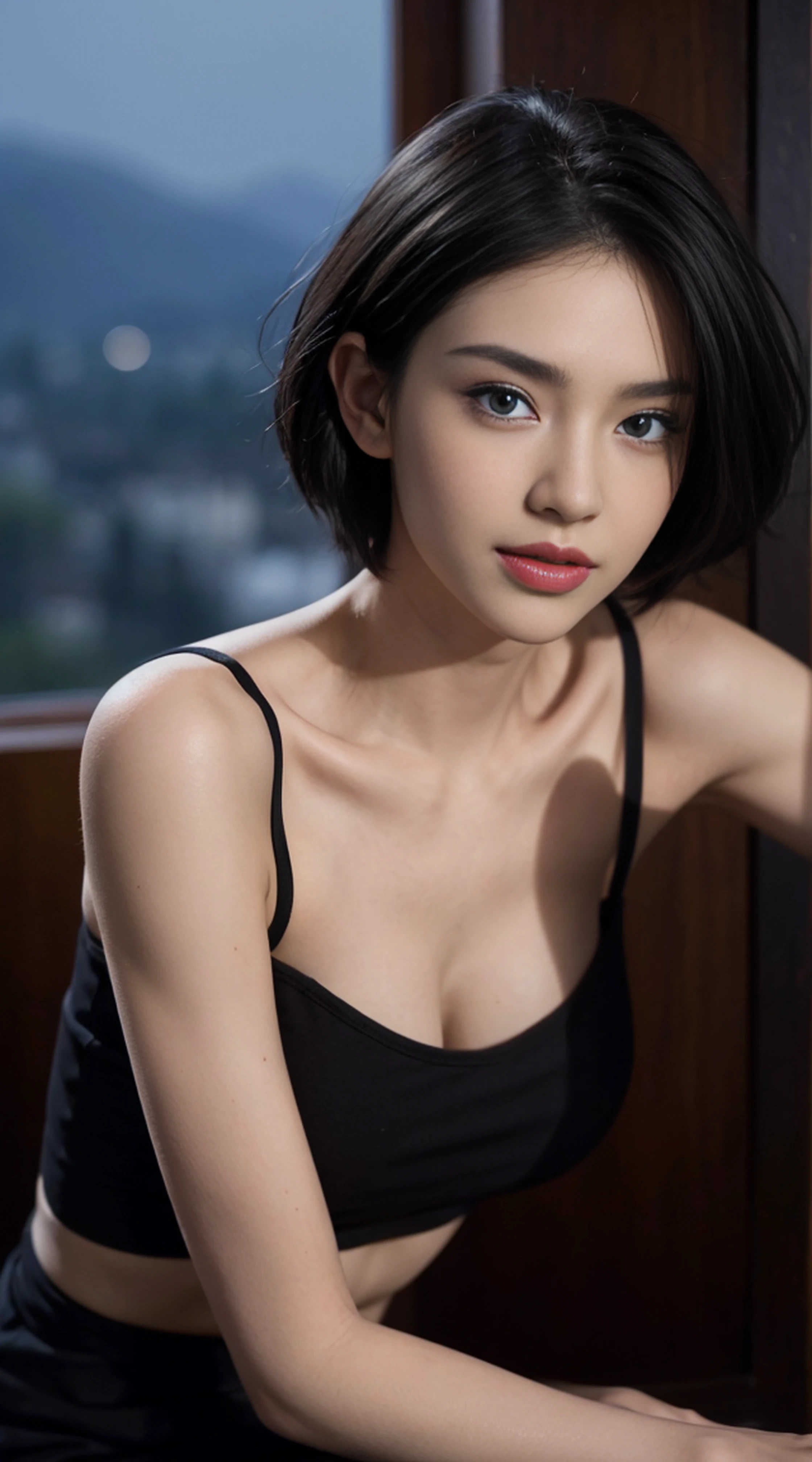 short hair, skin tight black top:1.2, looking at the viewer, cinematic lighting, perfection, soft light, high resolution skins:1.2, realistic skin texture, realistic face, off shoulder, exposed cleavage, blue eyes, short hair,