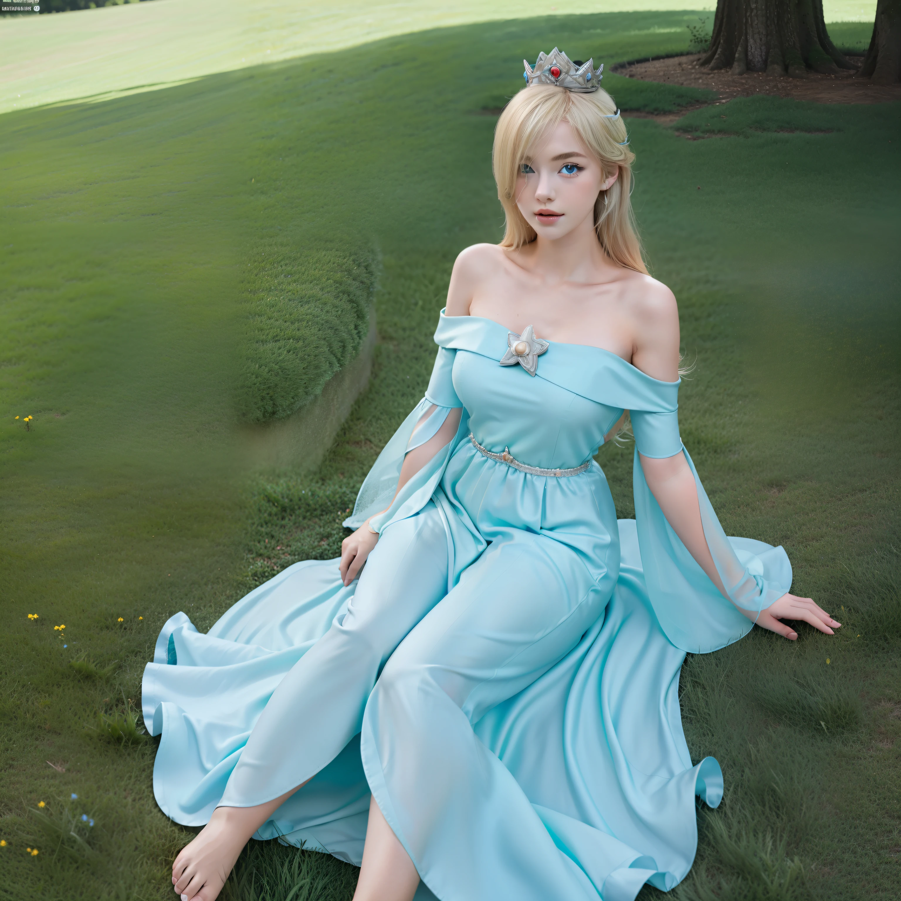 (1girl:1.3), solo, rosalina, woman, adult, blue dress, blue sleeves, blonde hair, hair covering one eye, silver crown, blue eyes, laying down on grass, barefoot, ((high detailed, best quality, masterpiece, 4k))