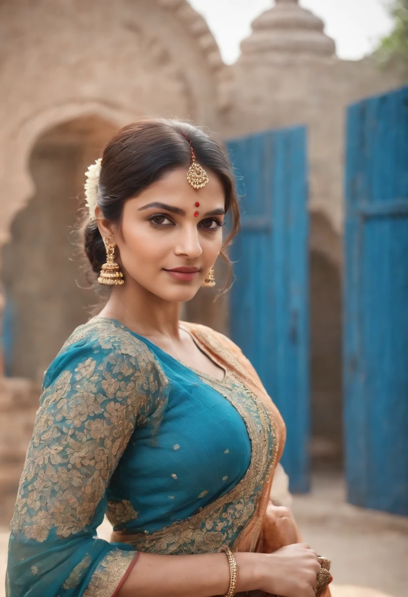 Woman in typical Indian dress, Blue gate in the background, half-length shot, Sunny day, high-quality phot