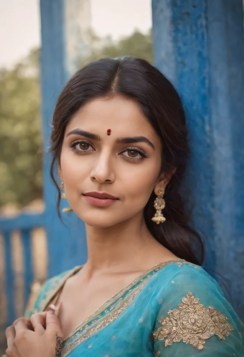 Woman in typical Indian dress, Blue gate in the background, half-length shot, Sunny day, high-quality phot