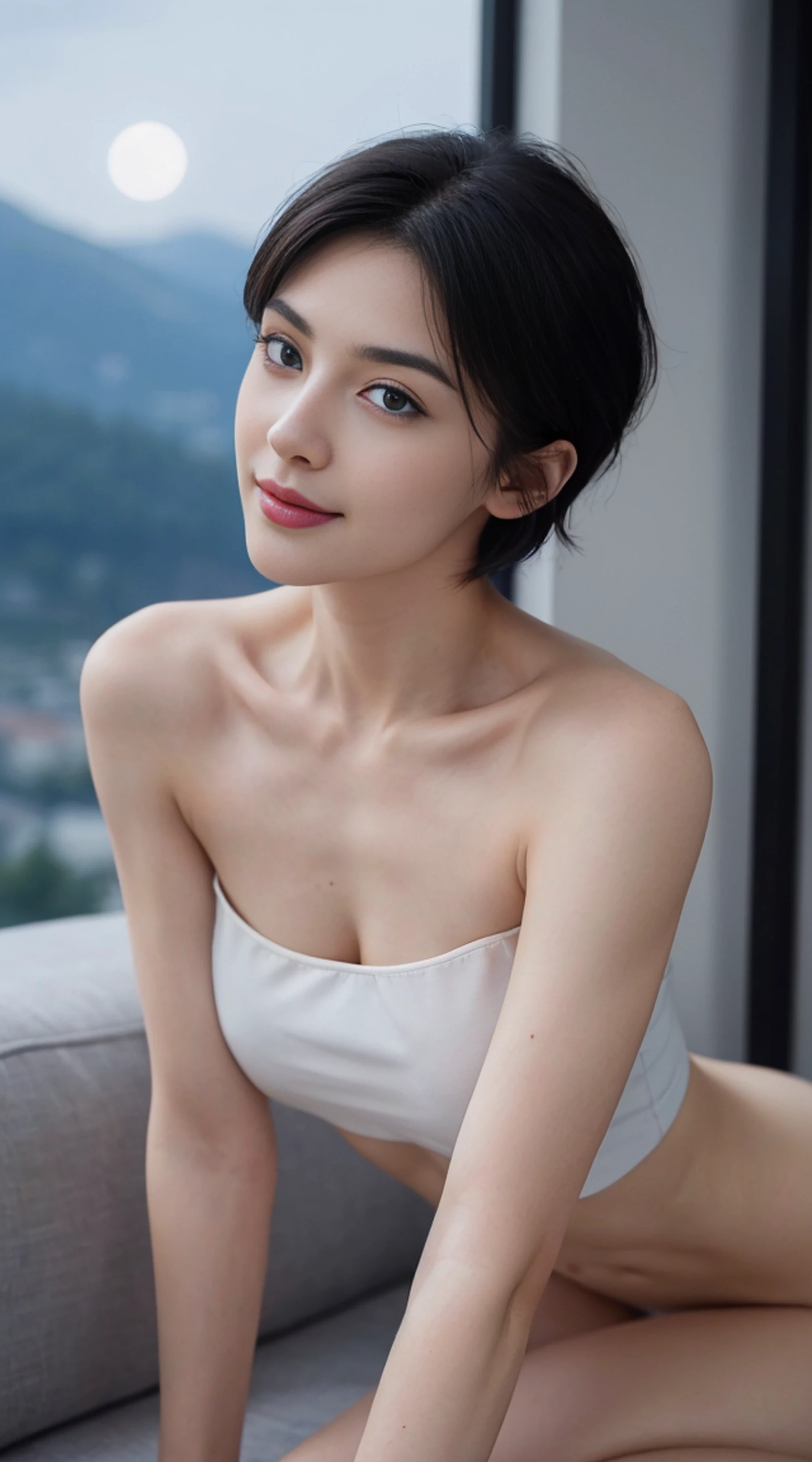 8K, Top Quality, Intricate Details, Ultra Detail, Ultra High Resolution, Masterpiece, random angle,  Slender, Smile, (Makeup: 0.4), (Fluffy Blue Eyes: 1.21), blue Eyes,, ((full body)), 1girl, solo, 1 girl, (( full body)),  close-up shot, sitting, on side , , ((tall)), (((fit body))), (((slim face))), sharp face, sharp eyes, (((black hair, short hair, ))  (detailed face), sharp face, small lips, thin lips, 
 (( crop top )),  detailed face, detailed breast, , large breast, detail, , Beautiful girl with accentuated slender abs: 1.4, Six Pack Abs: 1.4, Bust Botox, Big, Perfect Body, detail leg, (( moonlight)), top of mountain