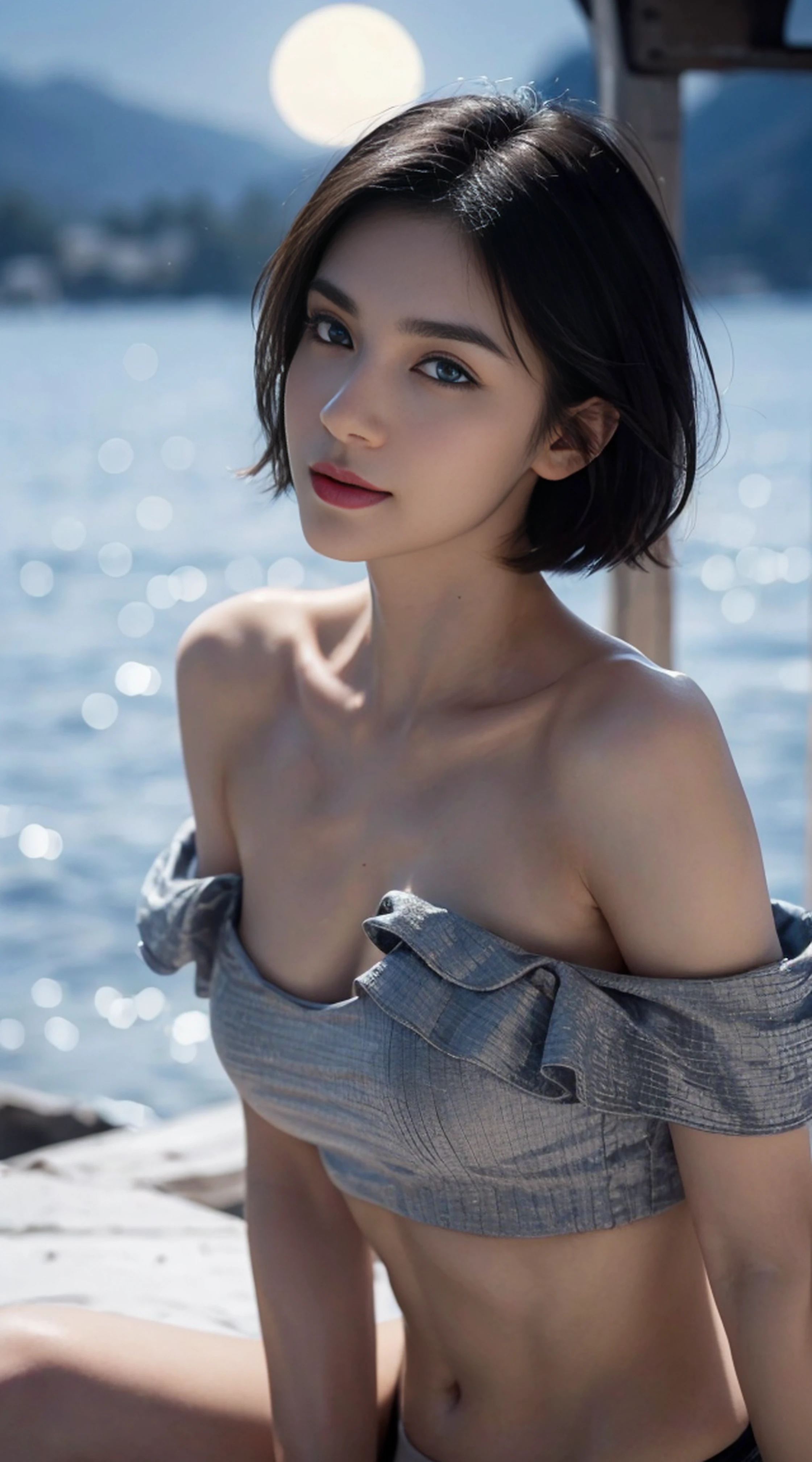 Best Quality, Ultra High Resolution, Masterpiece, Photo Realistic: 1.8, Pore, Precision, Blue Sky, White Clouds, Aegean, Santorini white houses, balcony, naked, Throw a cotton towel over your shoulder, Pale Light, Young Woman, Japan Person, Short Hair, Birth of Venus, Naked, overflowing breasts, symbolism as a woman, , detailed depiction, 23 years old, cute, embarrassed smile,