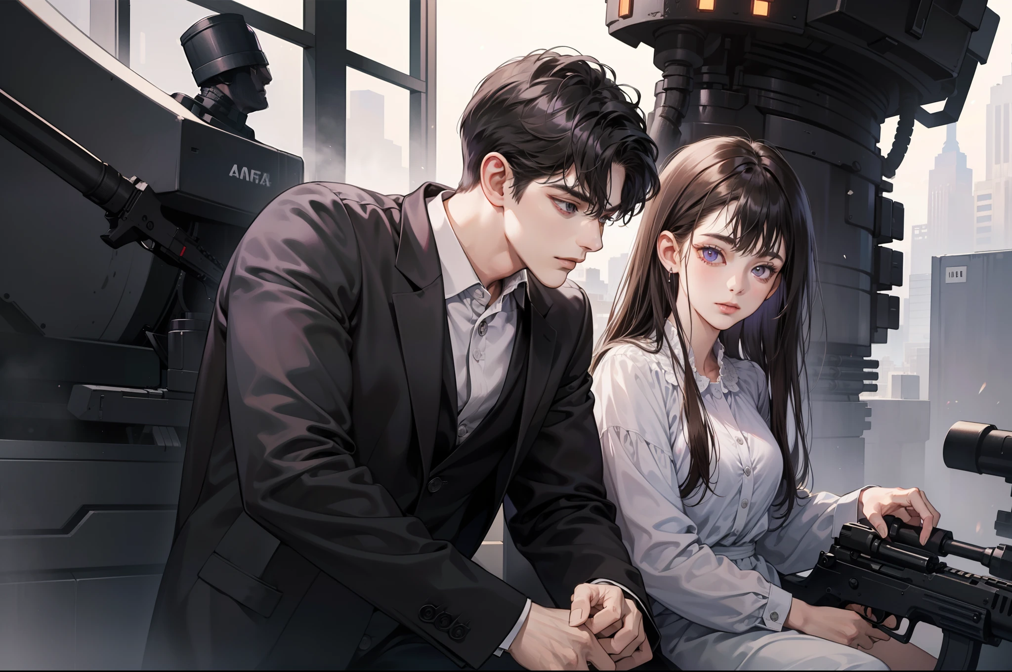 ((Masterpiece)), best quality, 1 boy and 1 girl, long straight black bang hair and purple eyes, short right-swept dark brown hair and dark grey eyes, (Partner in crime), boy is taller, 25 year old, mafia, (has a machine gun), side by side, detailed, 4K, ((cooler color tone))