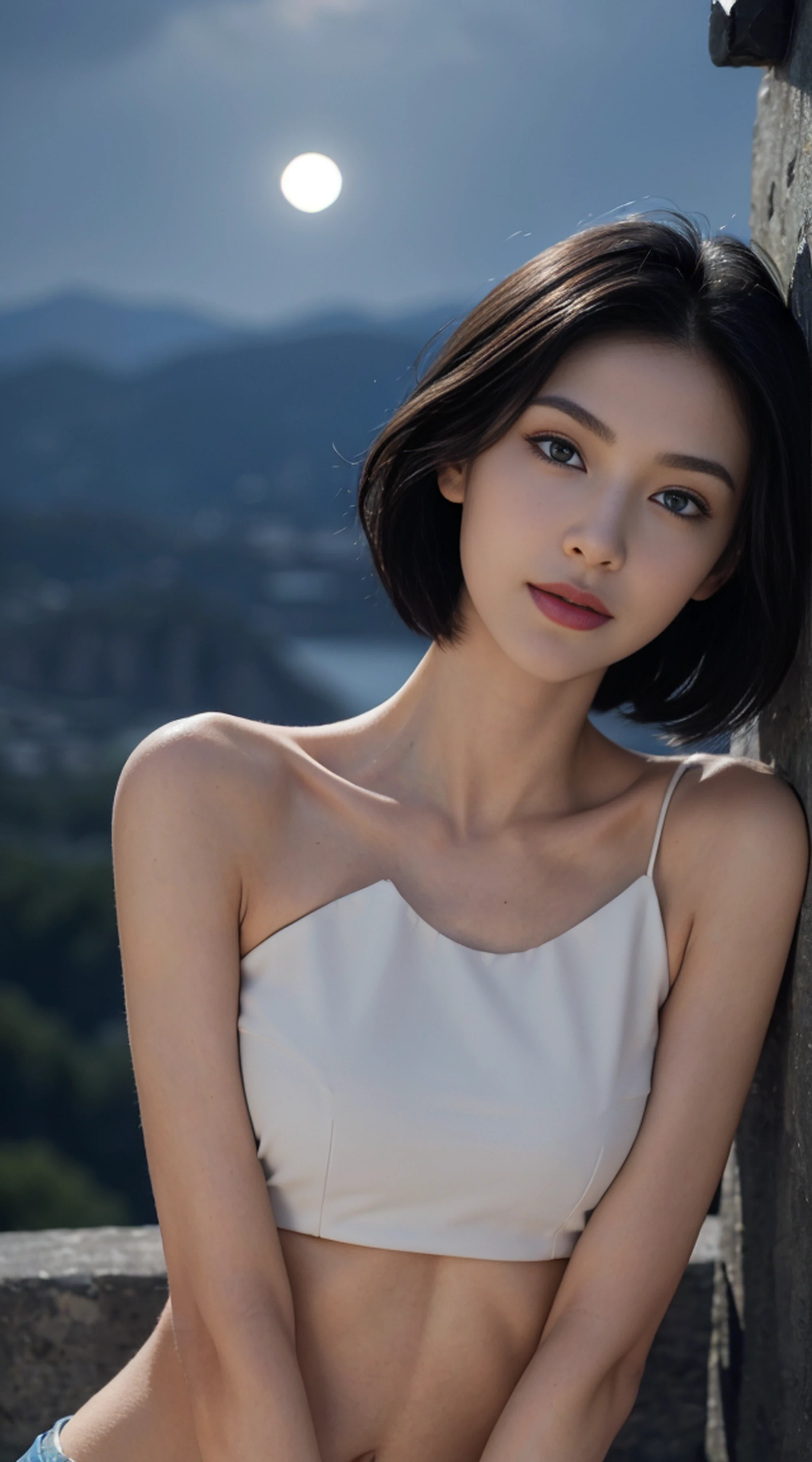 8K, Top Quality, Intricate Details, Ultra Detail, Ultra High Resolution, Masterpiece, random angle, Slender, Smile, (Makeup: 0.4), (Fluffy Blue Eyes: 1.21), blue Eyes,, ((full body)), 1girl, solo, 1 girl, (( full body)), close-up shot, sitting, on side , , ((tall)), (((fit body))), (((slim face))), sharp face, sharp eyes, (((black hair, short hair, )) (detailed face), sharp face, small lips, thin lips,
(( crop top )), detailed face, detailed breast, , large breast, detail, , Beautiful girl with accentuated slender abs: 1.4, Six Pack Abs: 1.4, Bust Botox, Big, Perfect Body, detail leg, (( moonlight)), top of mountain