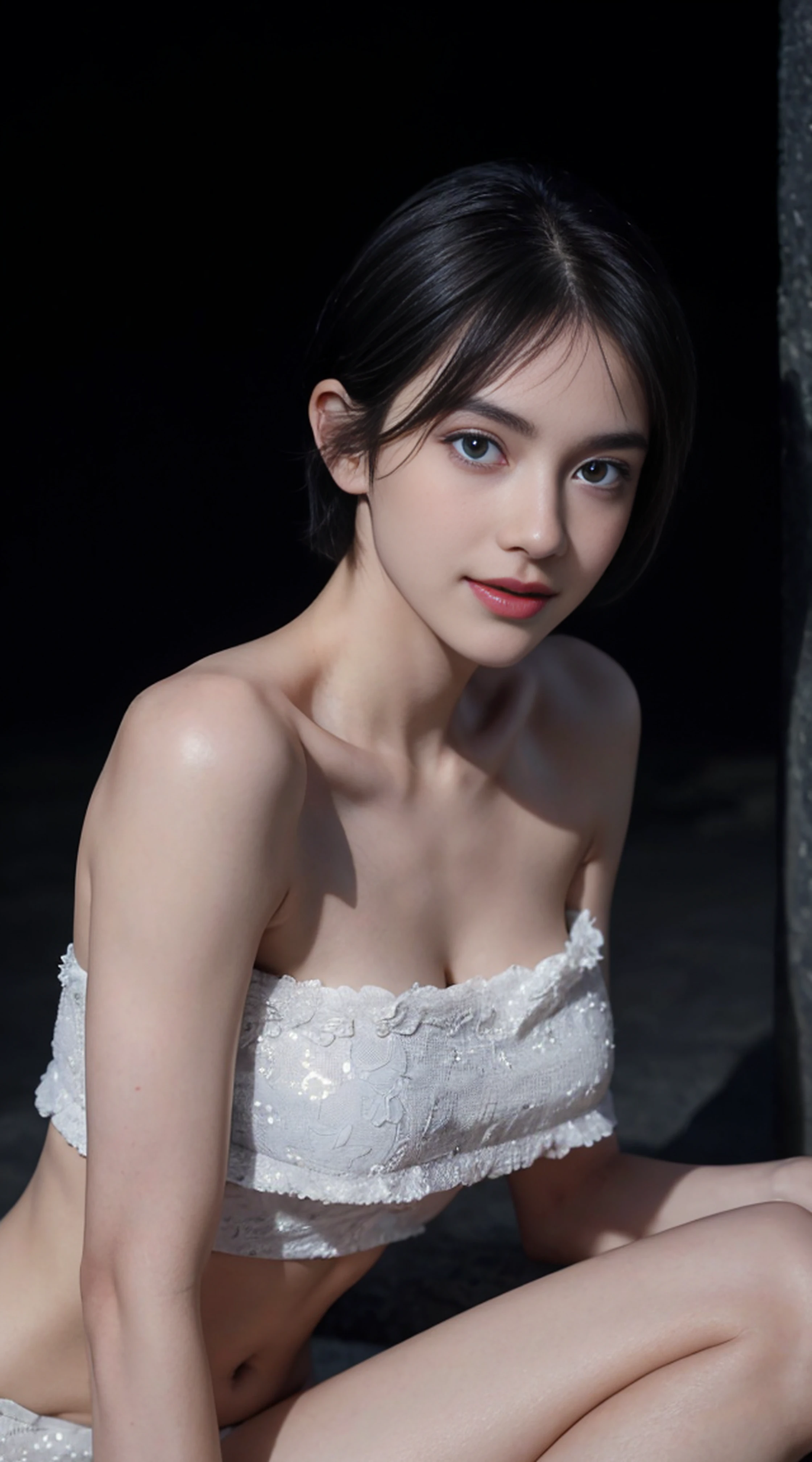 8K, Top Quality, Intricate Details, Ultra Detail, Ultra High Resolution, Masterpiece, random angle,  Slender, Smile, (Makeup: 0.4), (Fluffy Blue Eyes: 1.21), blue Eyes,, ((full body)), 1girl, solo, 1 girl, (( full body)),  close-up shot, sitting, on side , , ((tall)), (((fit body))), (((slim face))), sharp face, sharp eyes, (((black hair, short hair, ))  (detailed face), sharp face, small lips, thin lips, 
 (( crop top )),  detailed face, detailed breast, , large breast, detail, , Beautiful girl with accentuated slender abs: 1.4, Six Pack Abs: 1.4, Bust Botox, Big, Perfect Body, detail leg, (( moonlight)), top of mountain