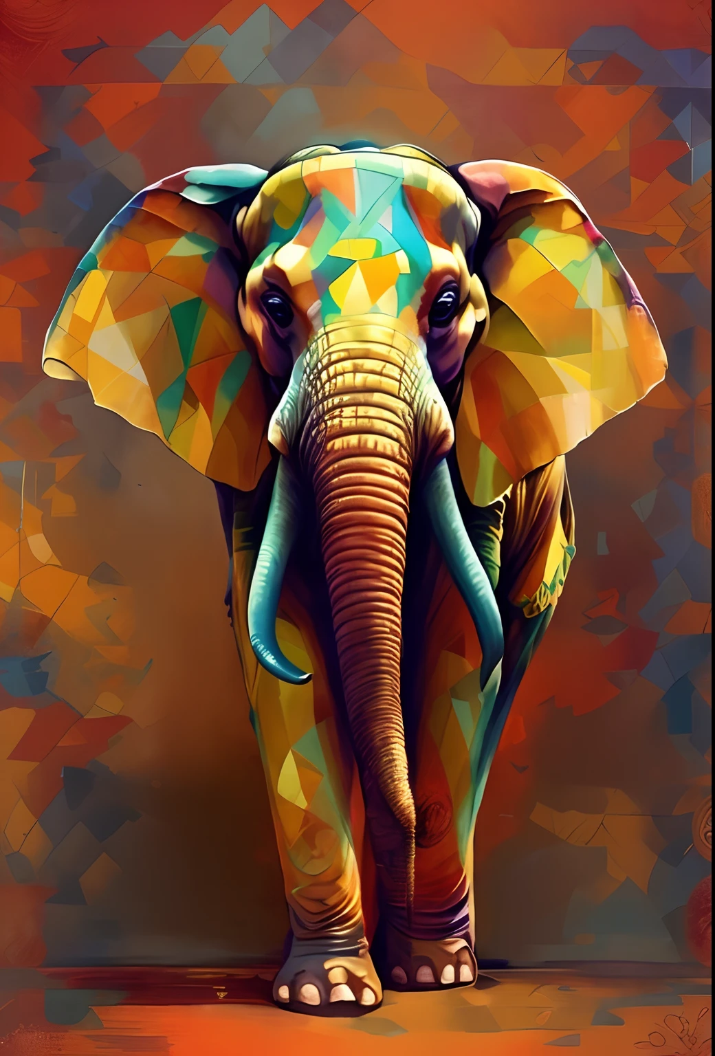 Bright colored elephant standing in front of a colorful background, Arte colorida do elefante, pintura bonita de um alto, elefante, Arte de Alessandro Pautasso, meio elefante, cheio de cores e detalhes ricos, elefante na sala, Directed by: Jakob Gauermann, um elefante, Directed by: Jason Benjamin, arte poligonal, Arte bonita UHD 4K, Directed by: Daniel Taylor