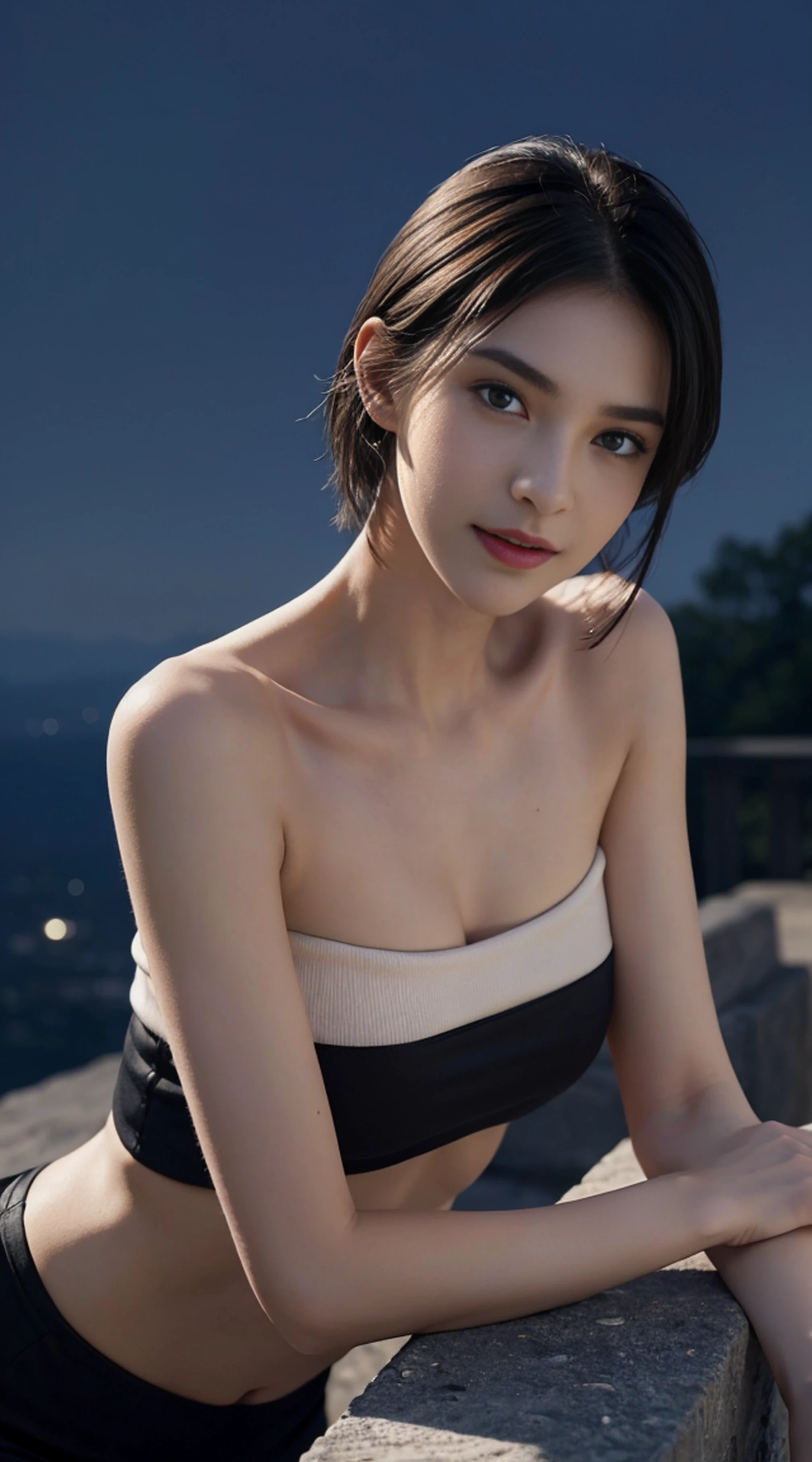 8K, Top Quality, Intricate Details, Ultra Detail, Ultra High Resolution, Masterpiece, random angle,  Slender, Smile, (Makeup: 0.4), (Fluffy Blue Eyes: 1.21), blue Eyes,, ((full body)), 1girl, solo, 1 girl, (( full body)),  close-up shot, sitting, on side , , ((tall)), (((fit body))), (((slim face))), sharp face, sharp eyes, (((black hair, short hair, ))  (detailed face), sharp face, small lips, thin lips, 
 (( crop top )),  detailed face, detailed breast, , large breast, detail, , Beautiful girl with accentuated slender abs: 1.4, Six Pack Abs: 1.4, Bust Botox, Big, Perfect Body, detail leg, (( moonlight)), top of mountain