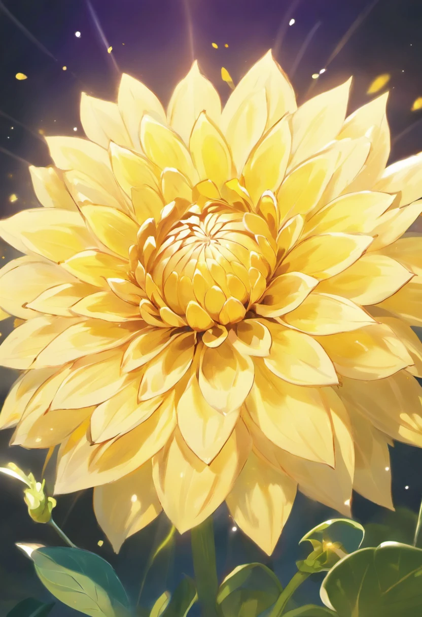 There are yellow flowers with stars in the background, a glowing delicate flower, Giant Dahlia Flower Head, Luminous flowers, Close-up of giant dahlia flower head, photorealistic detailed picture, Beautiful flowers, Drawing flowers, Yellow glowing magic, Rendered illustration, photorealistic highly detailed, Photorealistic Illustration, Highly detailed photorealistic, more detailed illustration, Beautiful glowing backlight, Light Bloom Sunlight, Hyperrealism, cinematic lighting, chiaroscuro