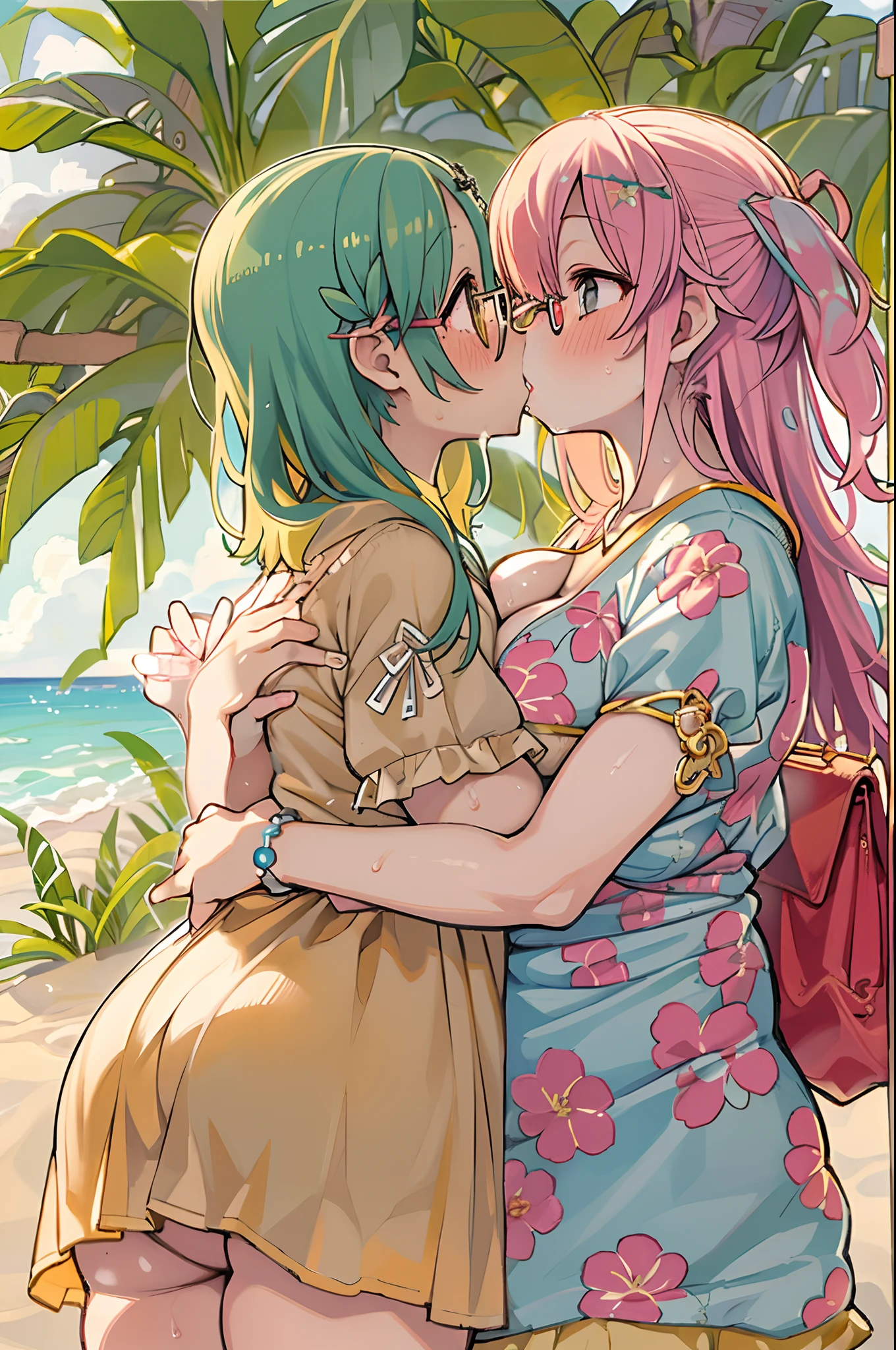 Two-dimensional girl、((Summer light))、Steppe on a summer day、((From the top))、The Sun Directly Above、huge-breasted、big round glasses、bbw,Large Thigh、Two girls、embracing each other、Deep kissing、the kiss、lesbian、red blush、Okinawa、hibiscus、swim wears、Hot summer days、sand beach、skin tanned、a child girl,Lori
