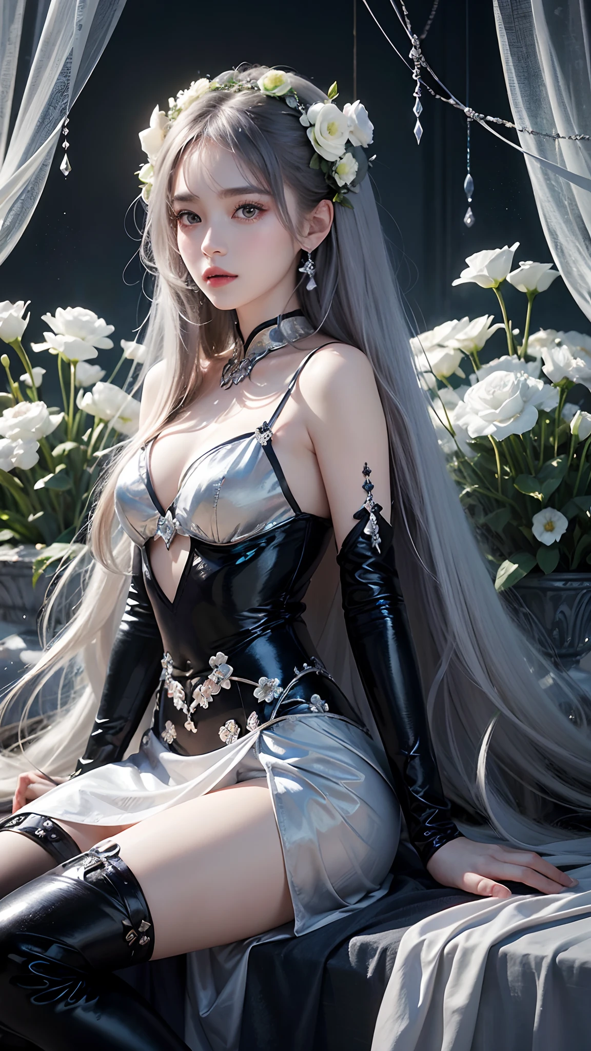 1girl, long hair, flower, Lisianthus, in the style of silver and light azure, dreamy and romantic compositions, silver, ethereal foliage, playful arrangements, fantasy, high contrast, ink strokes, explosions, over exposure, silver and black tone impression, abstract, attractive pose, sitting,
