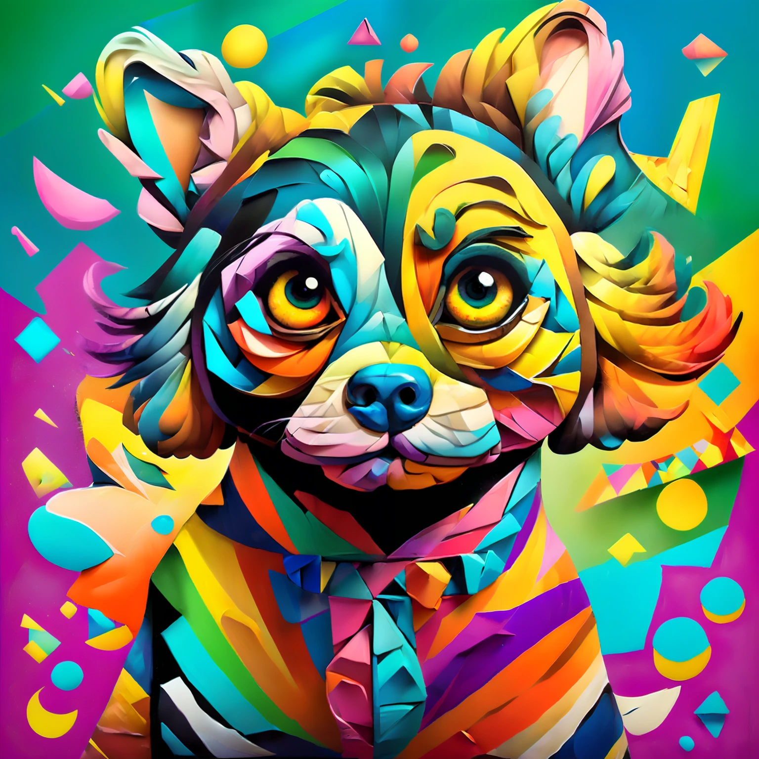 (DOG ,melhor pose,best angle, (better expression, Eduardo Kobra ,RomeroBrito acolchoamento ,multidimensional geometric wall PORTRAIT, arte, Chibi,Yang08k, lindo, Colouring), 256 mil
