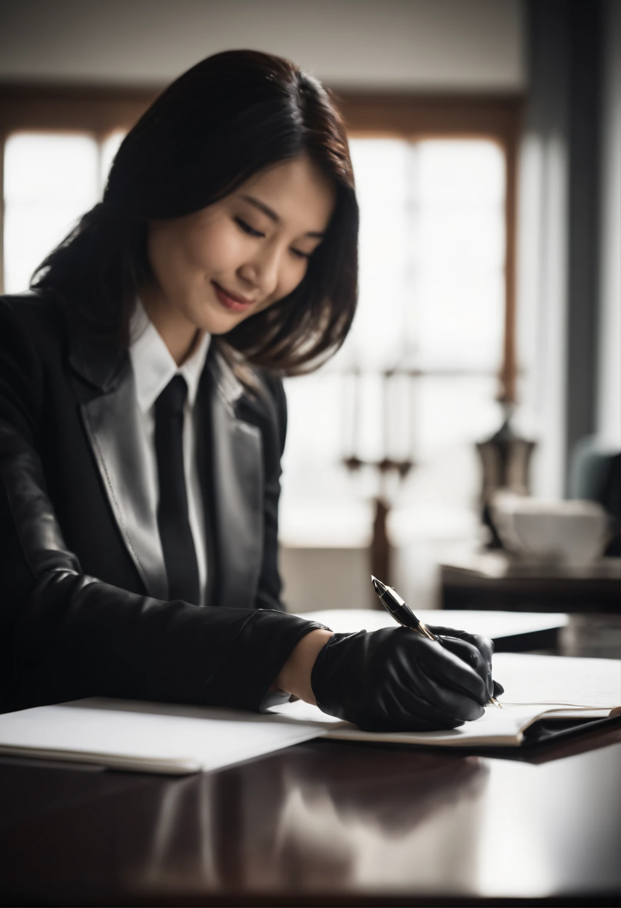 Wearing black leather gloves in both hands, upper body, black business suit, facing the desk in the modern study in the dark, looking down and smiling, writing a letter using a fountain pen, long, straight black hair, young Japanese woman (black leather gloves cover both hands)