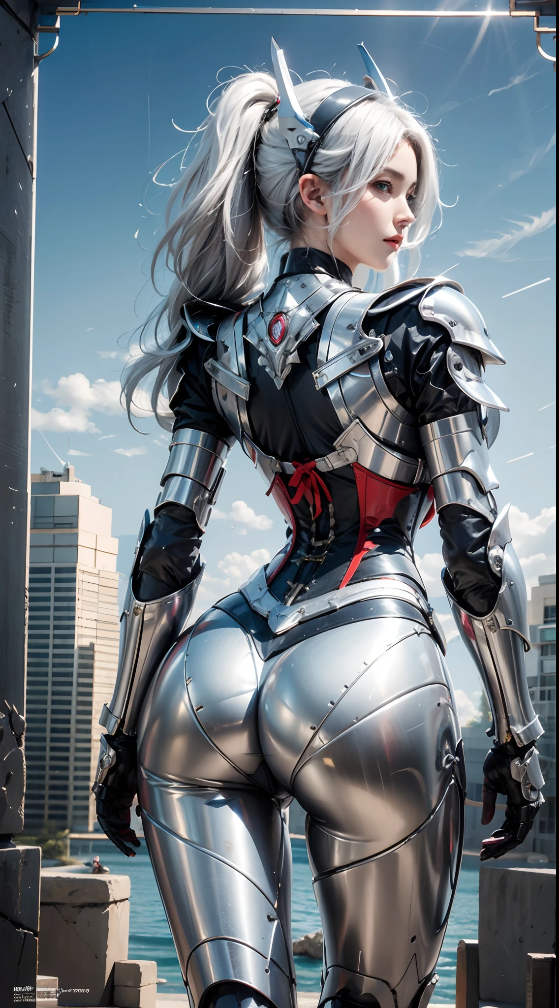 photorealistic, high resolution, 1women, mature female, solo, hips up, robot, mecha musume,mechanical parts, robot joints,single mechanical arm, headgear, mecha corset, full armor, white hair, back view