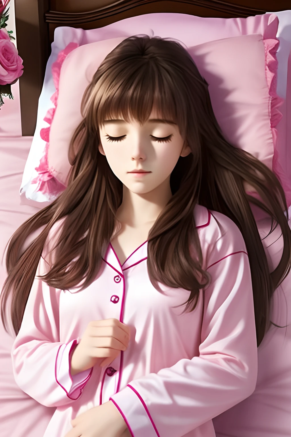 Sleeping girl, , Realistic, ((Cute)),Lie down in bed,Wear pink pajamas,Brown hair. --s --auto