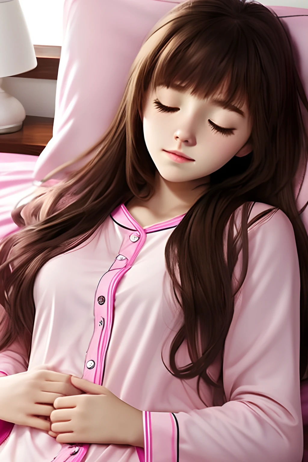 Sleeping sexy enchanting girl, 22 years old, realistic, she wears shorts, pink pajamas, longs to be loved, brown hair.