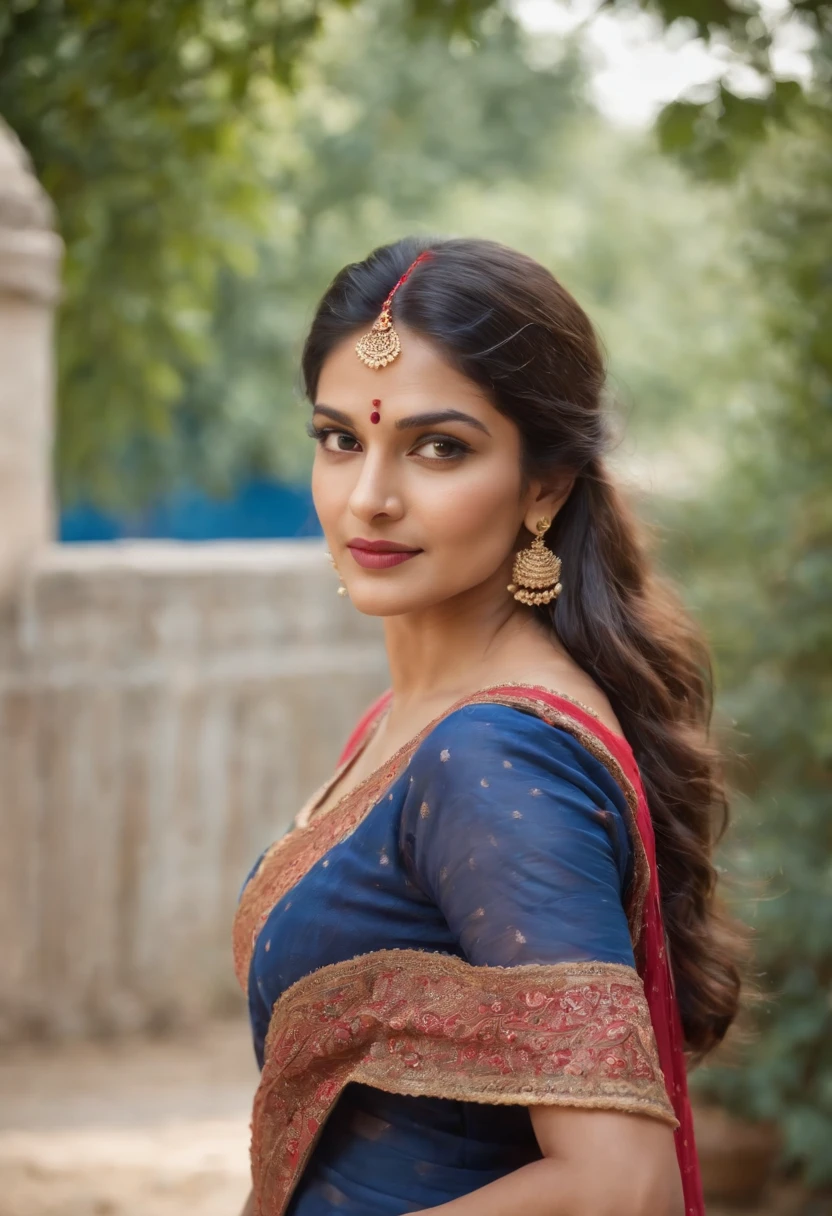 Woman in typical Indian dress, Blue gate in the background, half-length shot, Sunny day, high-quality phot