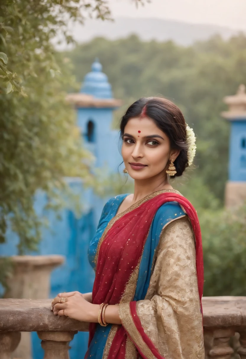 Woman in typical Indian dress, Blue gate in the background, half-length shot, Sunny day, high-quality phot