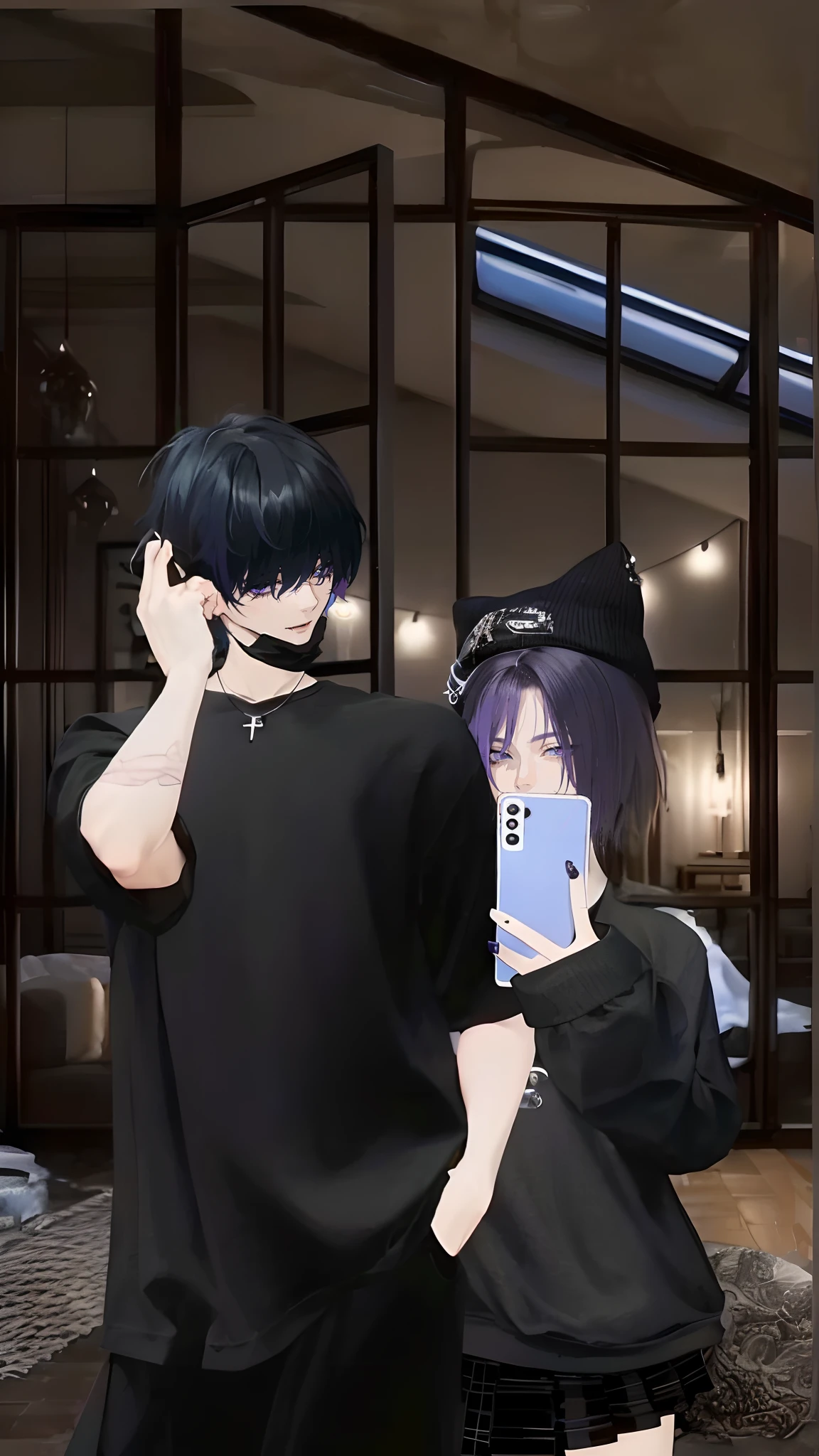 masterpiece, top-quality, 2Others, Male couple, 1 man and 1,, Adults, Height difference, different fashion, different color, finely eye and detailed face, intricate detailes, Naked, Casual clothing, white backgrounid, A smile, Happiness, tenderness, queers, Boys Love, high-level image quality、 selfee, Two beautiful men、tall、The upper part of the body、nightfall、nighttime scene、𝓡𝓸𝓶𝓪𝓷𝓽𝓲𝓬、Korean Male, Idol Photos, Model photo, k pop, Professional Photos, Vampires, Korean fashion with black pants and white Y-shirt, Fedoman with necklace, inspired by Sim Sa-jeong, androgynous vampire, :9 detailed face: 8, extra detailed face, detailed punk hair, ((eyes are brown)) baggy eyes, Seductive. Highly detailed, semi realistic anime, Vampires, hyperrealistic , delicate androgynous prince, imvu, short hair above the ears, Man with short hair, With a purple-haired man with a wild expression, Man with light blue hair with gentle expression, ((With a short-haired man with bright purple hair)), ((Man with light blue hair)), Take off your shirt and pose