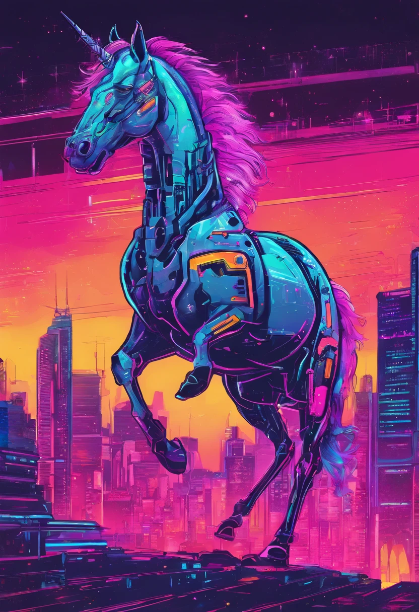 cyber punk unicorn horse, mechinery horse