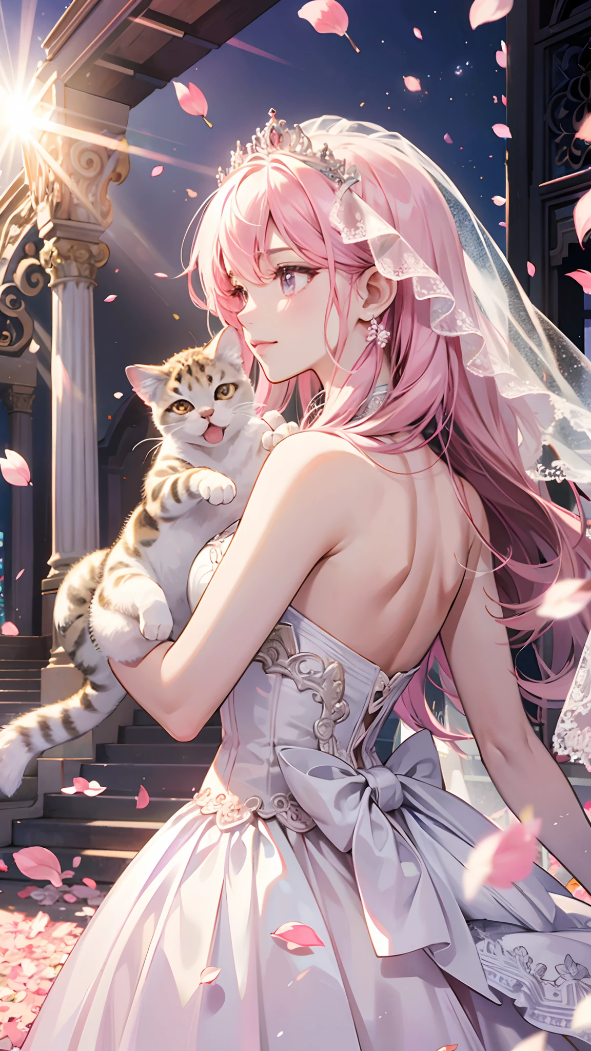 ((best quality)), ((masterpiece)) WEDDING PRINCESS DRESS, light ray, lens flare, pink petals, exotic cat, veil, crowds, family