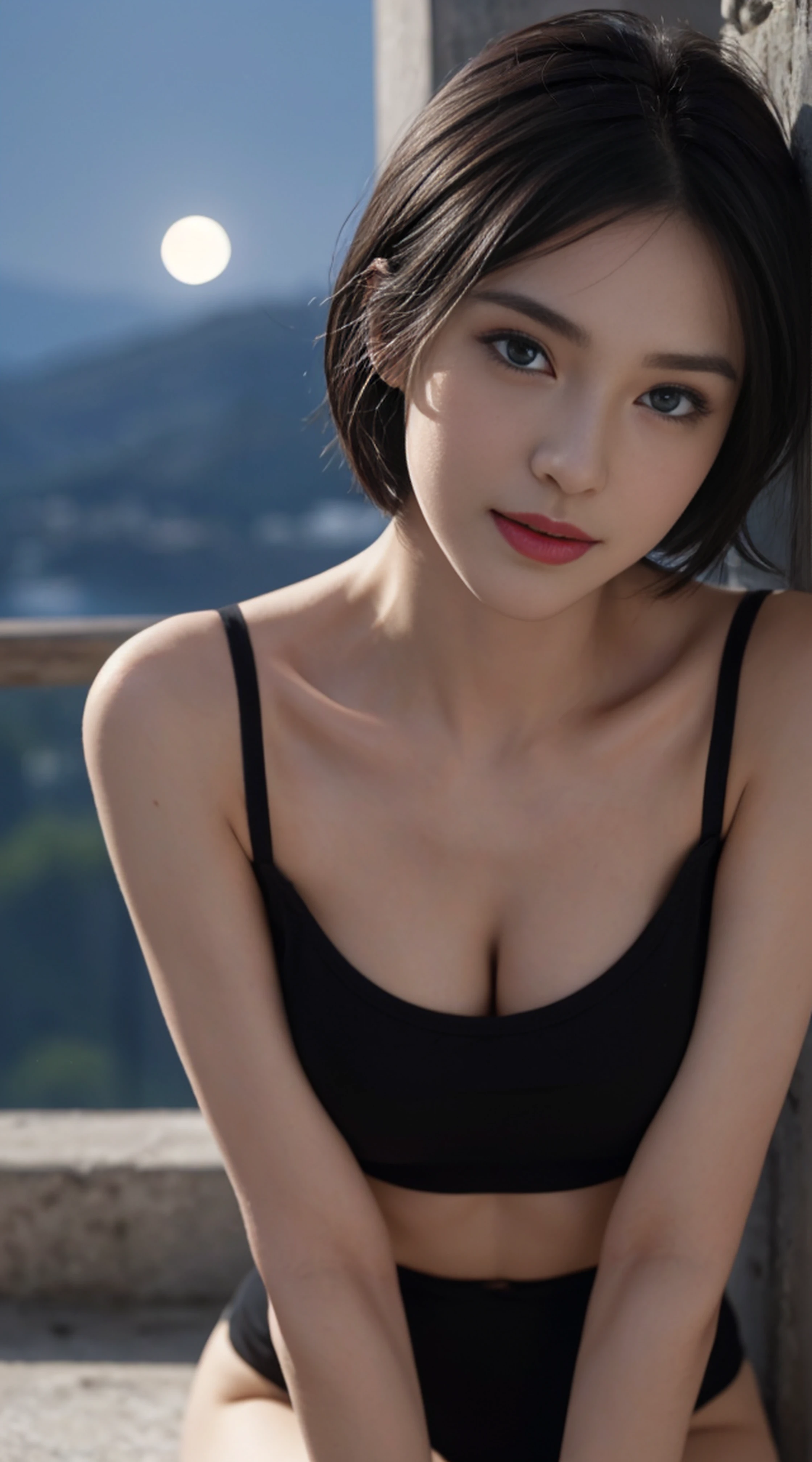 8K, Top Quality, Intricate Details, Ultra Detail, Ultra High Resolution, Masterpiece, random angle, Slender, Smile, (Makeup: 0.4), (Fluffy Blue Eyes: 1.21), blue Eyes,, ((full body)), 1girl, solo, 1 girl, (( full body)), close-up shot, kneeling , , ((tall)), (((fit body))), (((slim face))), sharp face, sharp eyes, (((black hair, short hair, )) (detailed face), sharp face, small lips, thin lips,
(( crop top )), detailed face, detailed breast, , large breast, detail, , Beautiful girl with accentuated slender abs: 1.4, Six Pack Abs: 1.4, Bust Botox, Big, Perfect Body, detail leg, (( moonlight)), top of mountain