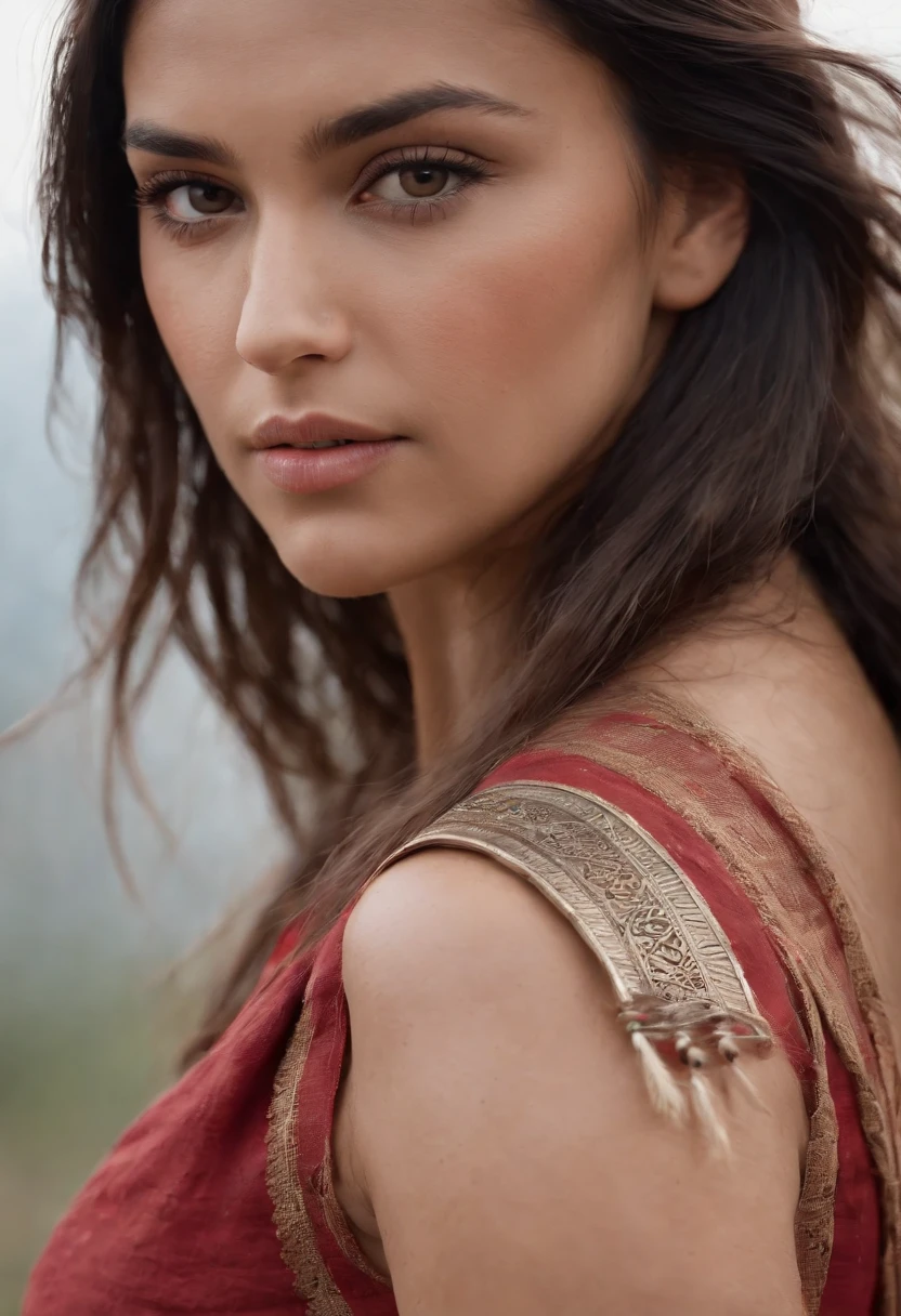 1girl,(8k, best quality, masterpiece, ultra highres:1.2),native american tribe warrior, red ancient shirt, upper body shot, paint face,strong, gazing eyes, highly detailed face, cinematic still, desert background, deep depth of field, bokeh effect, wide angle