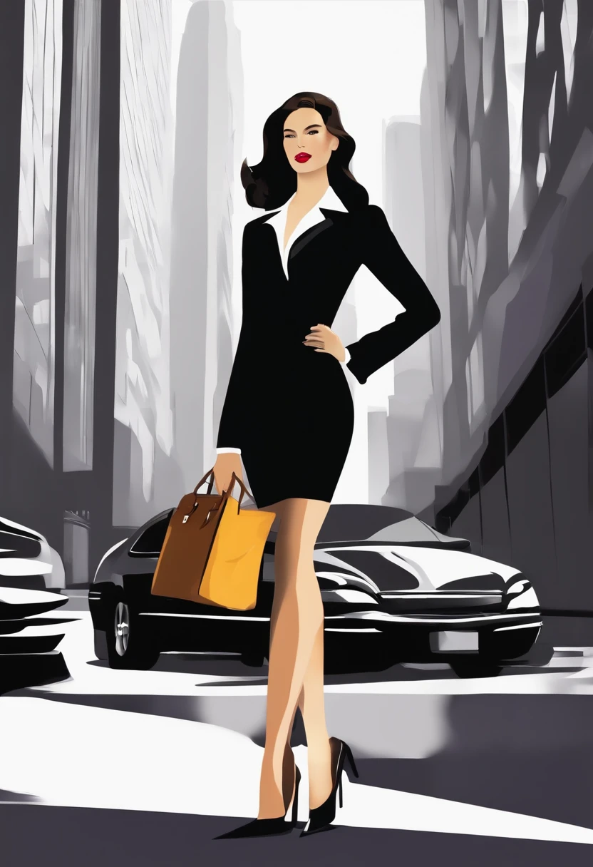 (Woman Standing In Office District)Slender tall girl, Beautiful figure, tiny waist, Incredibly long legs, Feminine formal business suite, Low Heel Pumps、Skyscrapers in the back、Career Girl、20s、breasts of medium size,