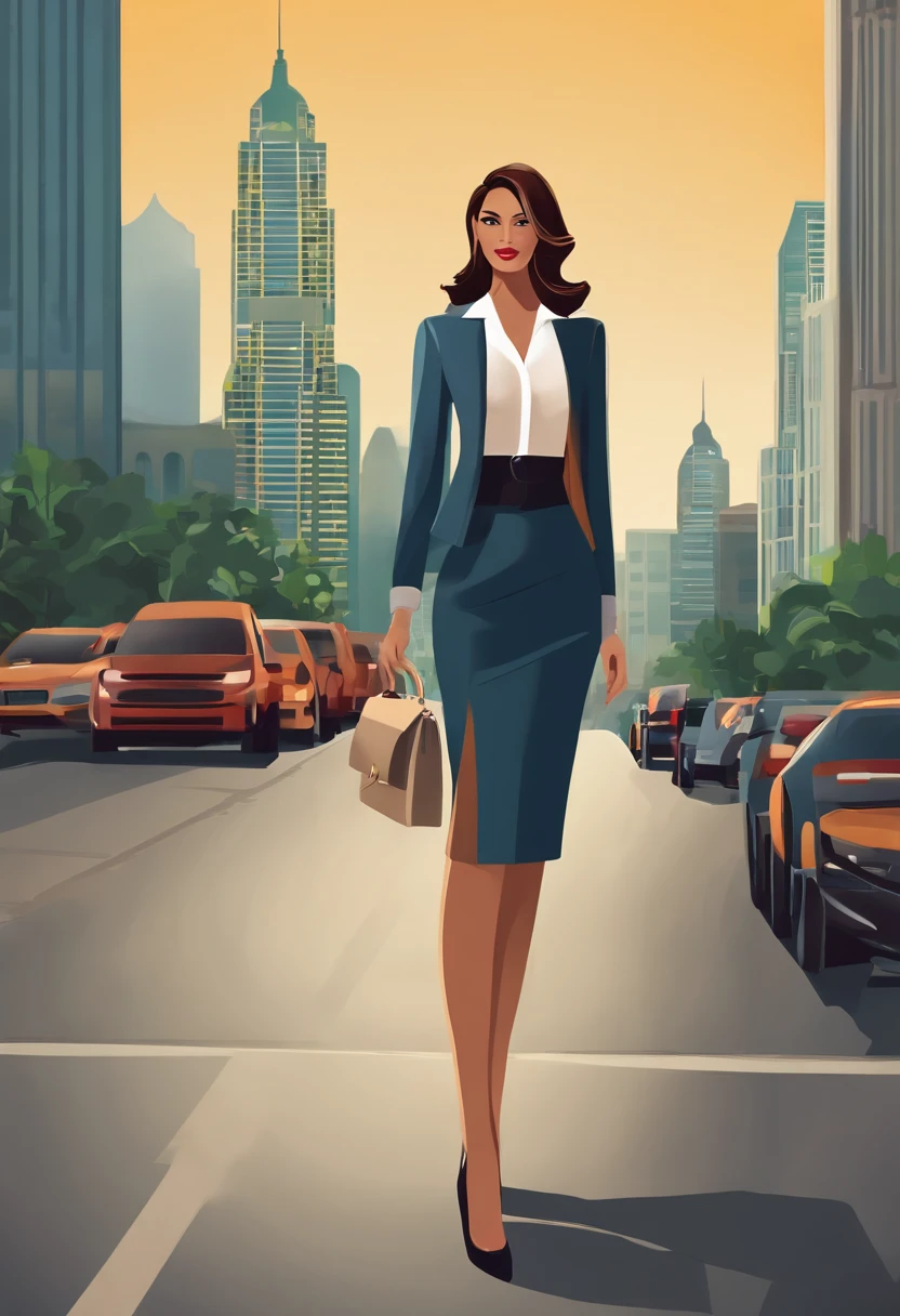 （Woman Standing In Office District）Slender tall girl, Beautiful figure, tiny waist, Incredibly long legs, Feminine formal business suite, Low Heel Pumps、Skyscrapers in the back、Career Girl、20s、breasts of medium size,