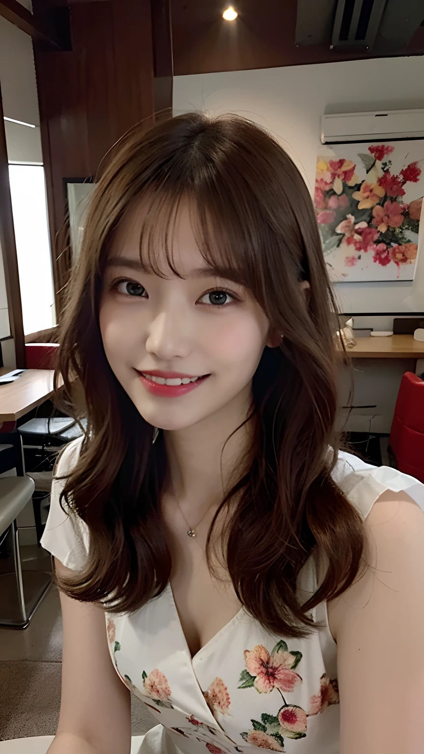 Shoulder-length wavy hair and、Bright hazel eyes、Japanese Female College Student 8K Photo。She is posing at a stylish cafe in Osaka。Casual but feminine fashion style and healthy beautiful body。。Role Model is、TWICE's MOMO。A cafe latte is on the table、She is smiling at the camera。