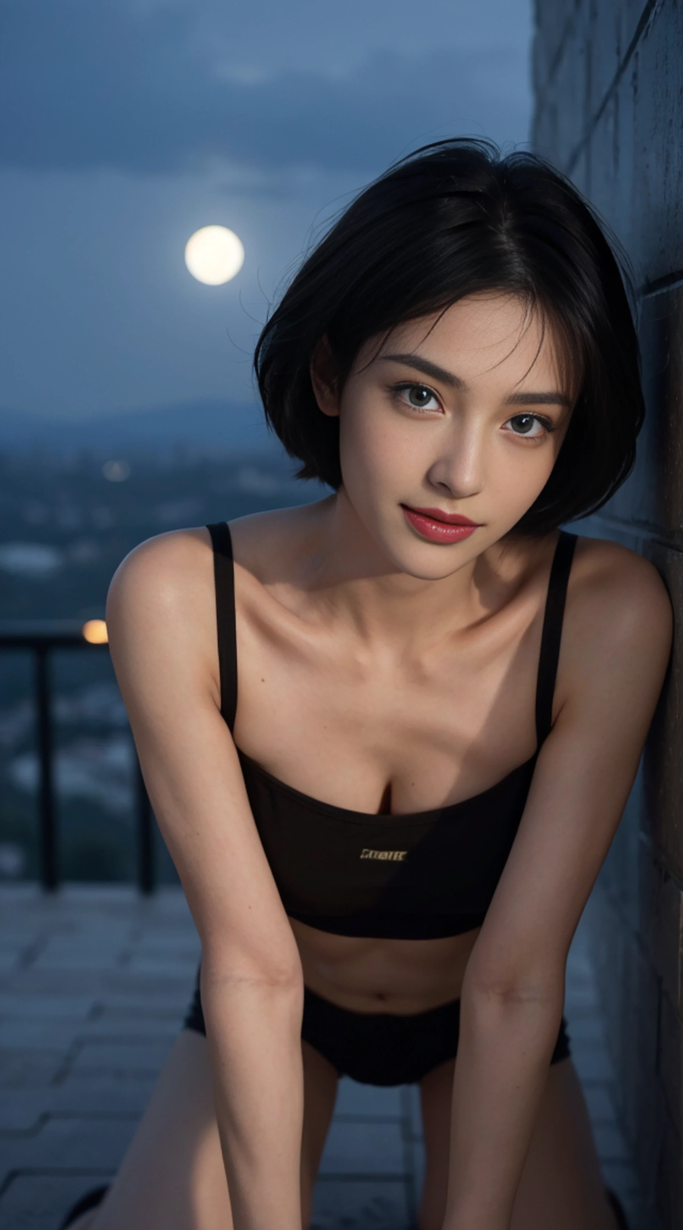 8K, Top Quality, Intricate Details, Ultra Detail, Ultra High Resolution, Masterpiece, random angle, Slender, Smile, (Makeup: 0.4), (Fluffy Blue Eyes: 1.21), blue Eyes,, ((full body)), 1girl, solo, 1 girl, (( full body)), close-up shot, kneeling , , ((tall)), (((fit body))), (((slim face))), sharp face, sharp eyes, (((black hair, short hair, )) (detailed face), sharp face, small lips, thin lips,
(( crop top )), detailed face, detailed breast, , large breast, detail, , Beautiful girl with accentuated slender abs: 1.4, Six Pack Abs: 1.4, Bust Botox, Big, Perfect Body, detail leg, (( moonlight)), top of mountain