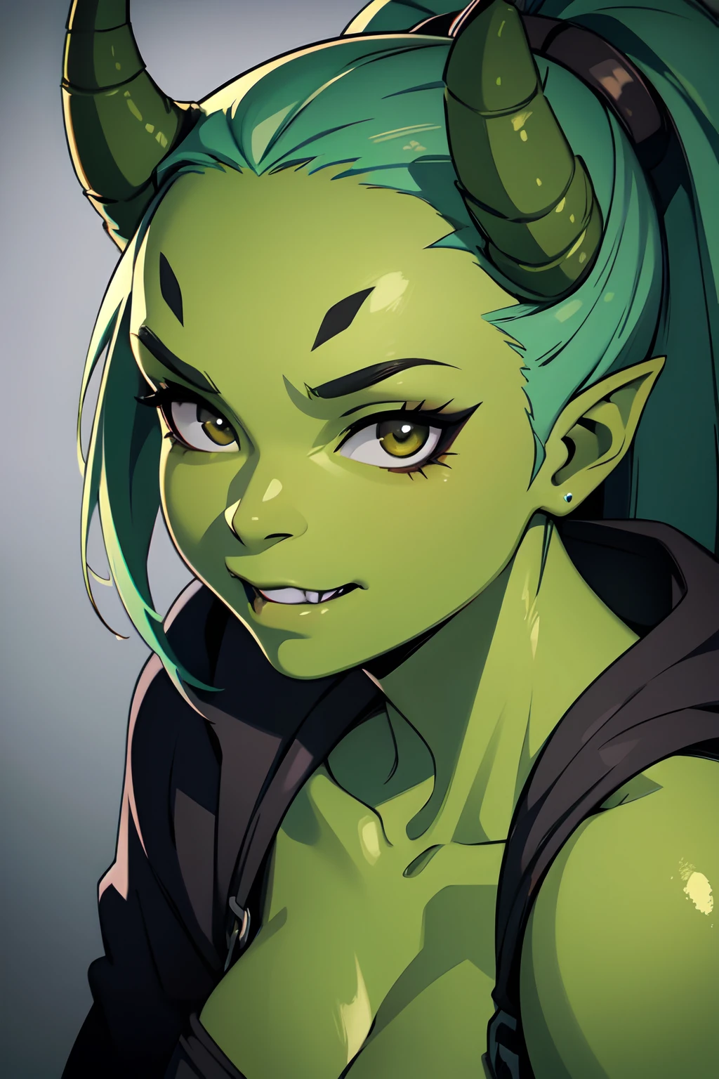 A female orc with green skin and small chest, featuring a fuck face and a horny expression. She has cute fangs that add to her overall charm. The image should be of the highest quality, emphasizing details and realism. The orc's face should be the focus of the painting, with ultra-detailed features and a photorealistic rendering. The colors should be vivid and the lighting should create a dramatic effect.