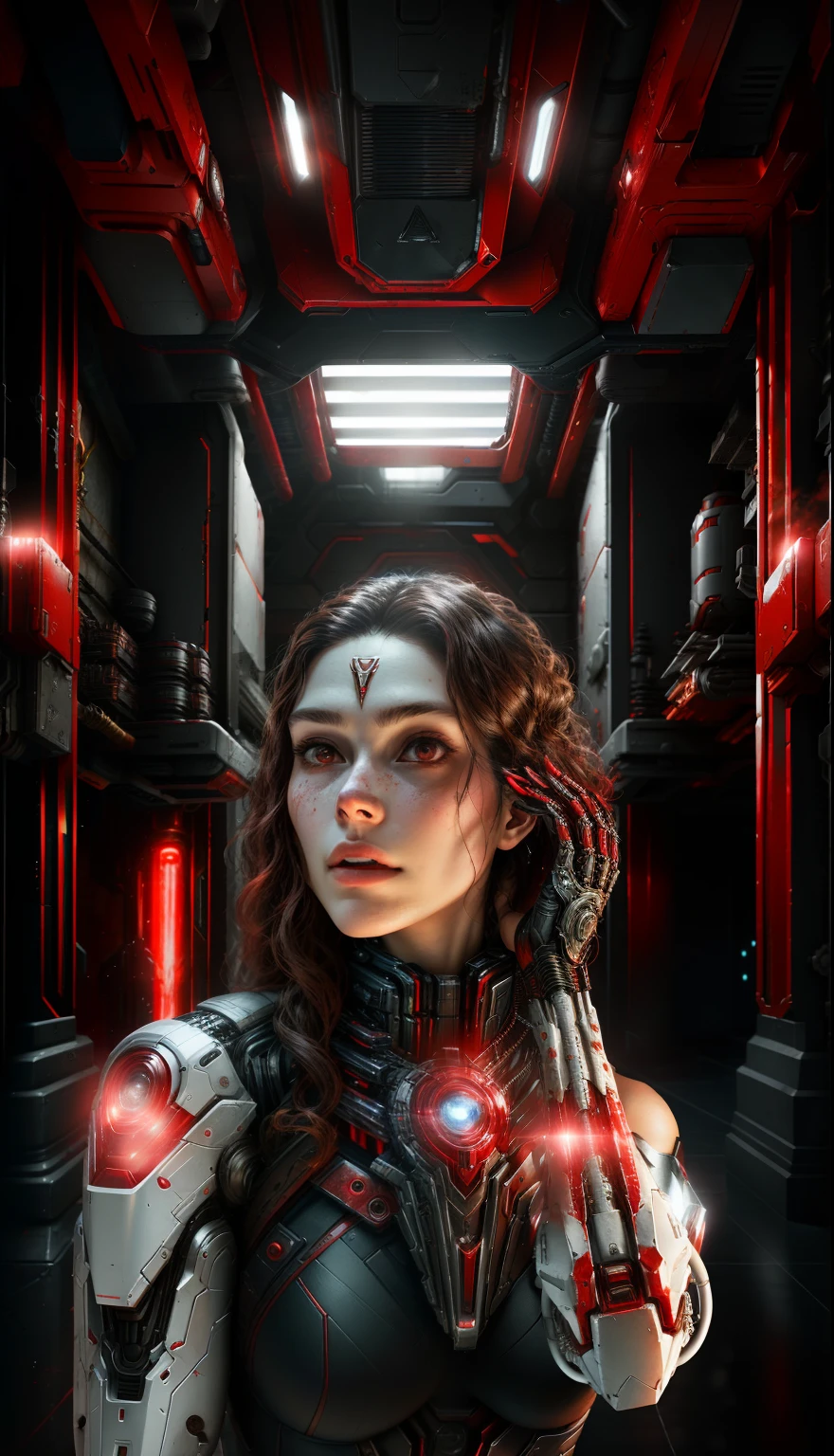 The Scarlet Witch from Marvel Photography, Red Biomechanical, complex robot, full length, Hyper-realistic, Red, insane fine details, Extremely clean lines, cyberpunk aesthetics, tmasterpiece, featured on Zbrush Central