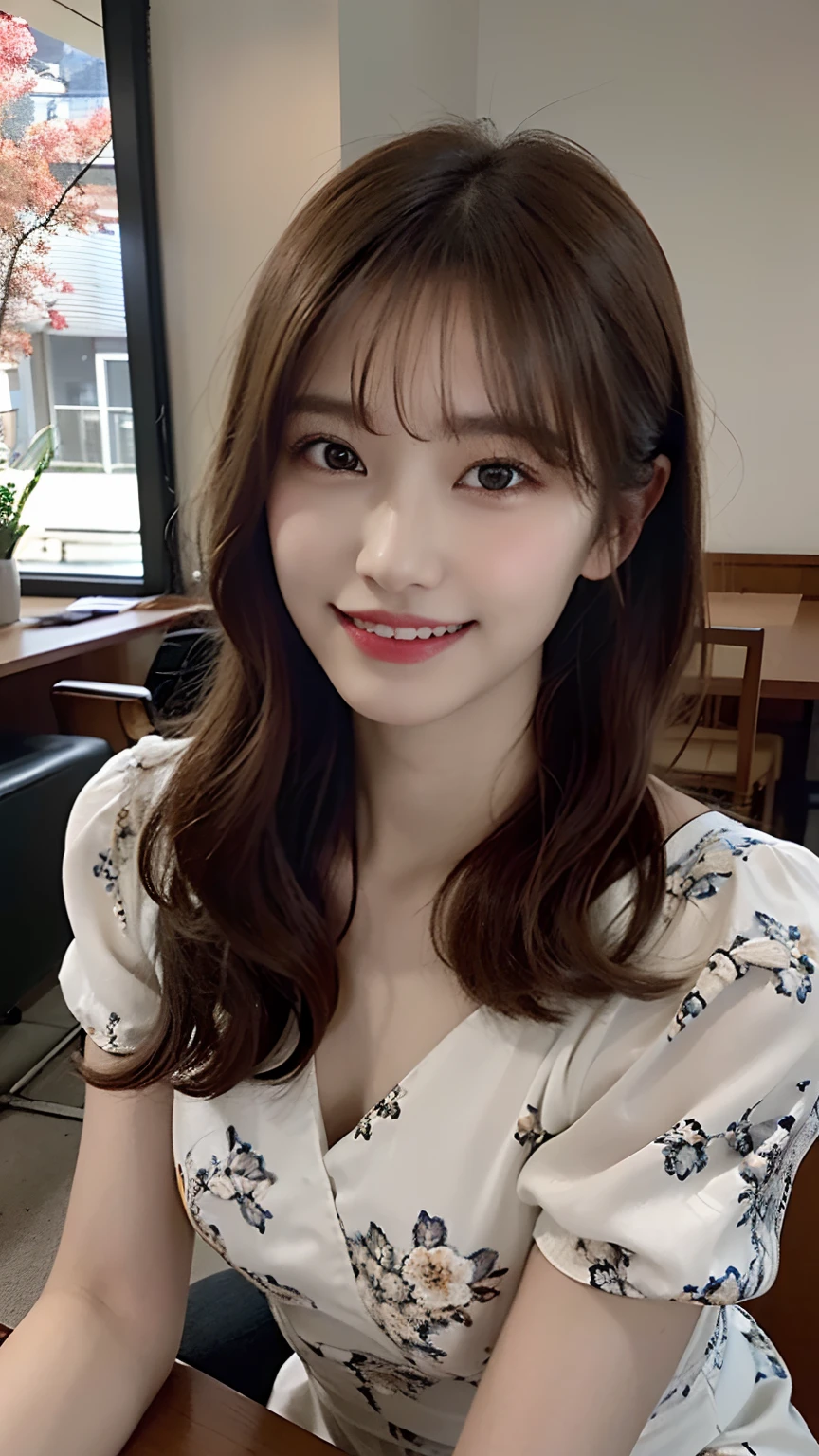 (masterpiece:1.3), (8K, Photorealsitic, Raw photography, Top image quality: 1.4), Japan high school girls、(Random hairstyles:1.2)、(small tits:1.3)、Super Detail Face、Eye of Detail、二重まぶた、foco nítido:1.2、prety woman:1.4、light brown hair、top-quality、masterpiece、超A high resolution、(Photorealsitic:1.4)、very detailed and professional lighting、slender、(Outstanding smile:1.8)、(eye line:1.5)、(Looking at the camera)、(Sit down and sip coffee at Starbucks Cafe)、Wearing a floral dress、