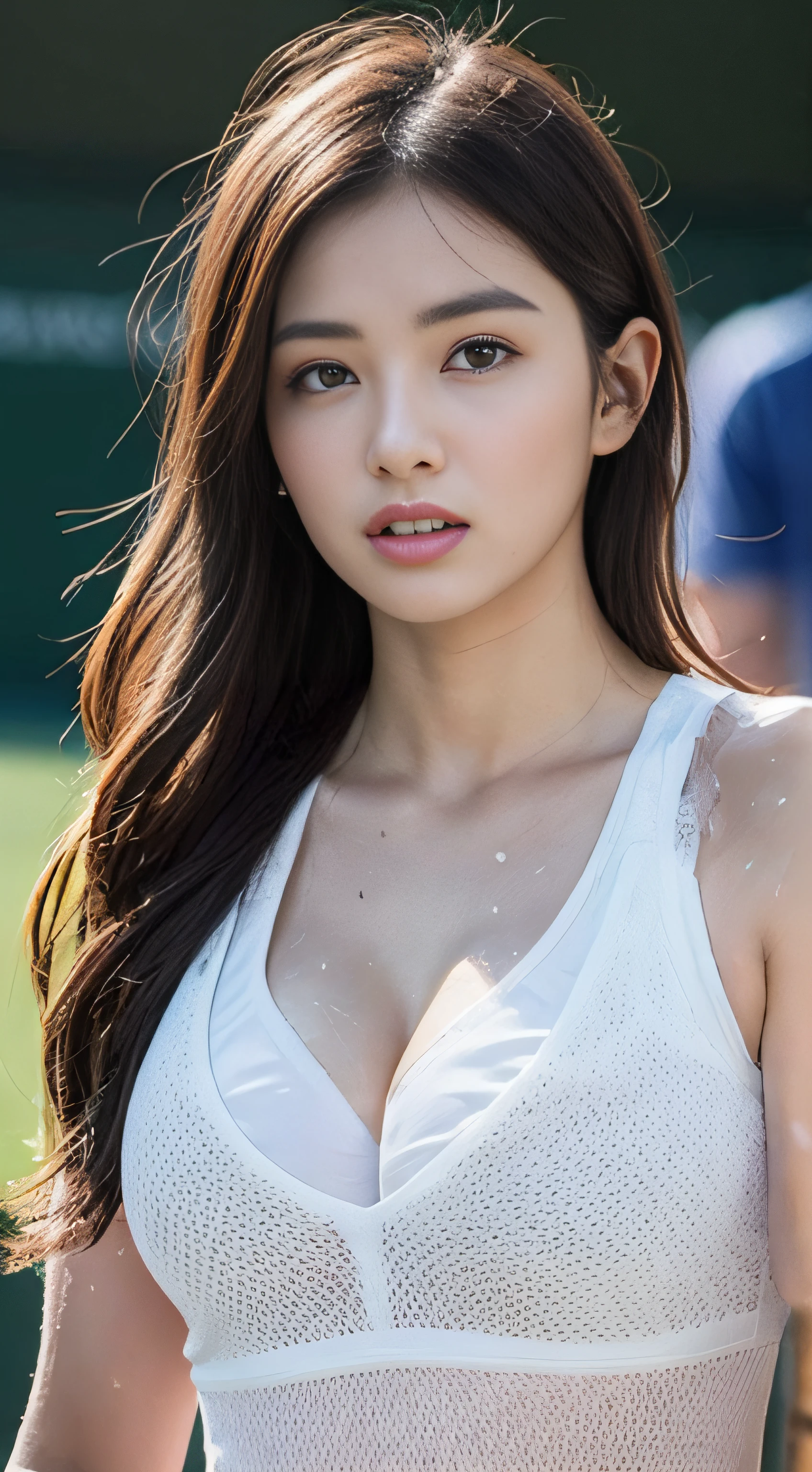 Highly detailed CG Unity 8K wallpaper, With the highest quality, super detailed, Master Pieces, Realistic, photograph realistic, extremely detailed cute girl, 25 years old, (Tennis Wear), Miniskirt, ((perspired)), (((Sweaty skin))), blush , Round eyes, super size breasts, looking viewer, Cowboy Shot , tennis coat , eat a sandwich , Cleavage ,
