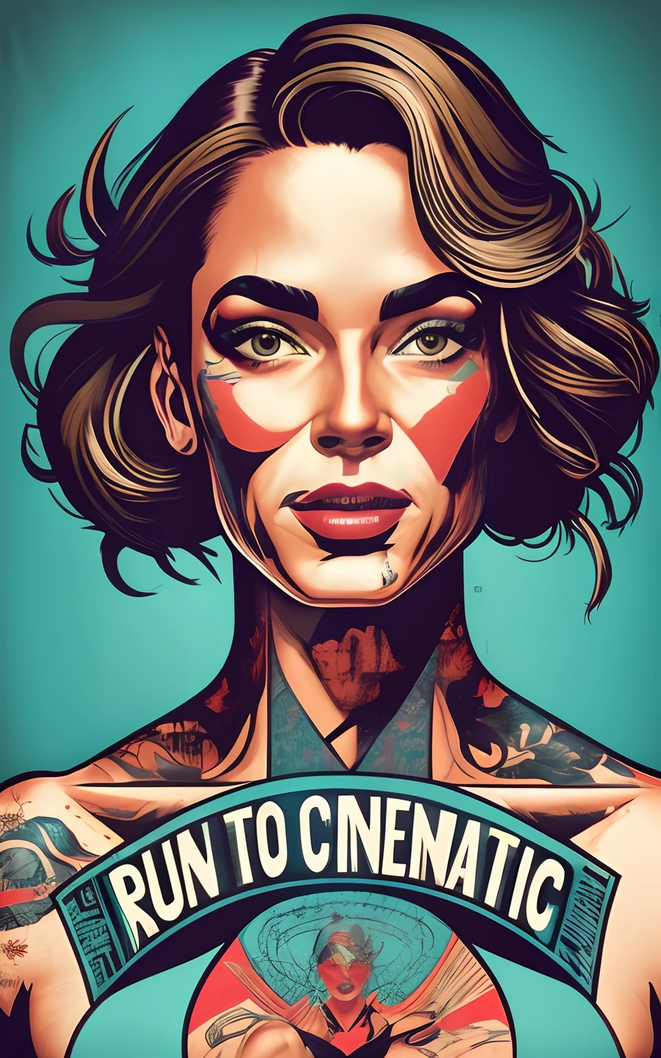 a woman with tattoos and a banner reading run to cinematic, martin ansin artwork portrait, inspired by Sandra Chevrier, martin ansin, sandra chevrier : : portrait, in style of digital illustration, cinema poster, butcher billy, by Tommaso Redi, movie illustration, jen bartel, by Sandra Chevrier, butcher billy style, tristan eaton