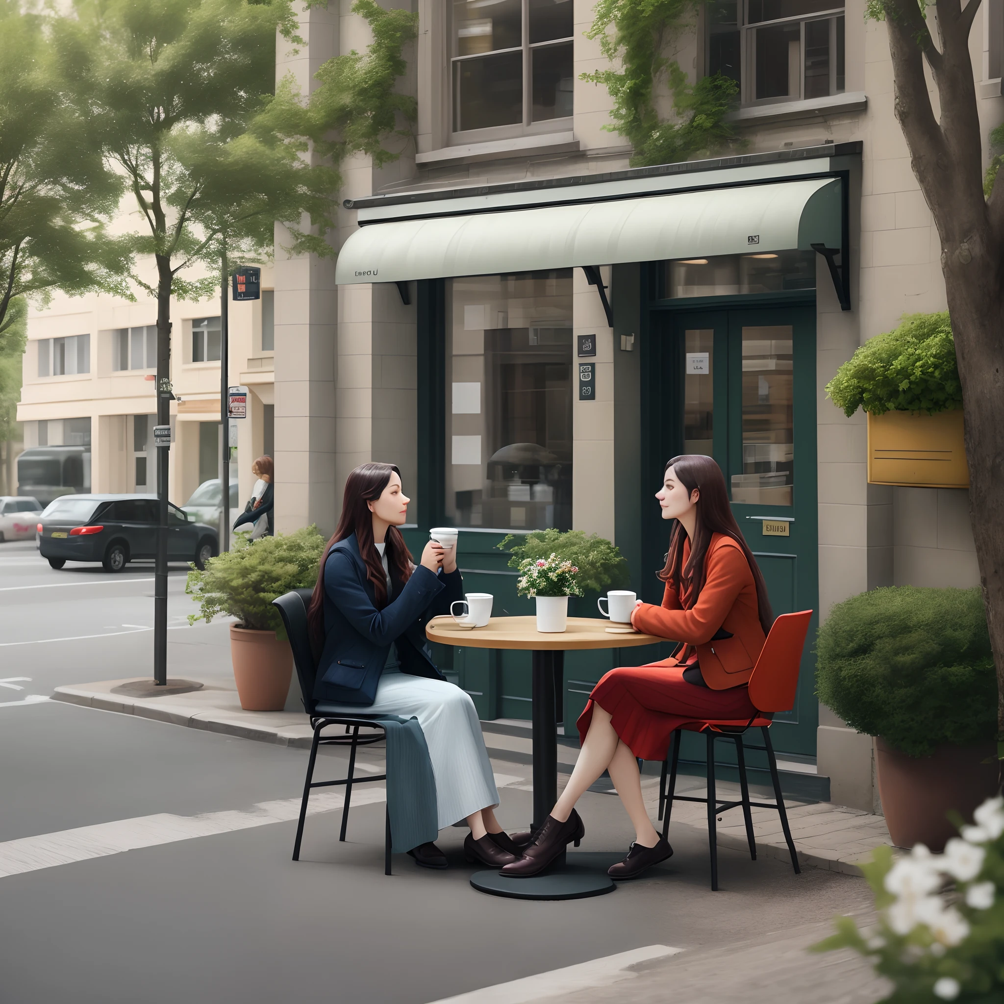 An English-style road，There are big green trees next to it，There are recognized buildings on both sides，There is an English style post box，The road is straight，There is a black table and chairs in the middle of the road，There was a cup of coffee and a bird on the table，A very elegant woman with long hair sat in a chair drinking coffee