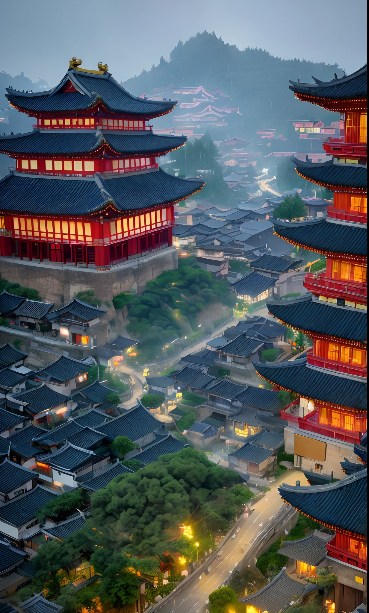 arafed view of a village with a lot of lights on the buildings, dreamy chinese town, chinese village, amazing wallpaper, japanese town, japanese village, hyper realistic photo of a town, old asian village, japanese city, by Raymond Han, rainy evening, cyberpunk chinese ancient castle, beautifully lit buildings, at evening during rain, beautiful and aesthetic, photography, cinematic, 8k, high detailed ((Heavy rain)))