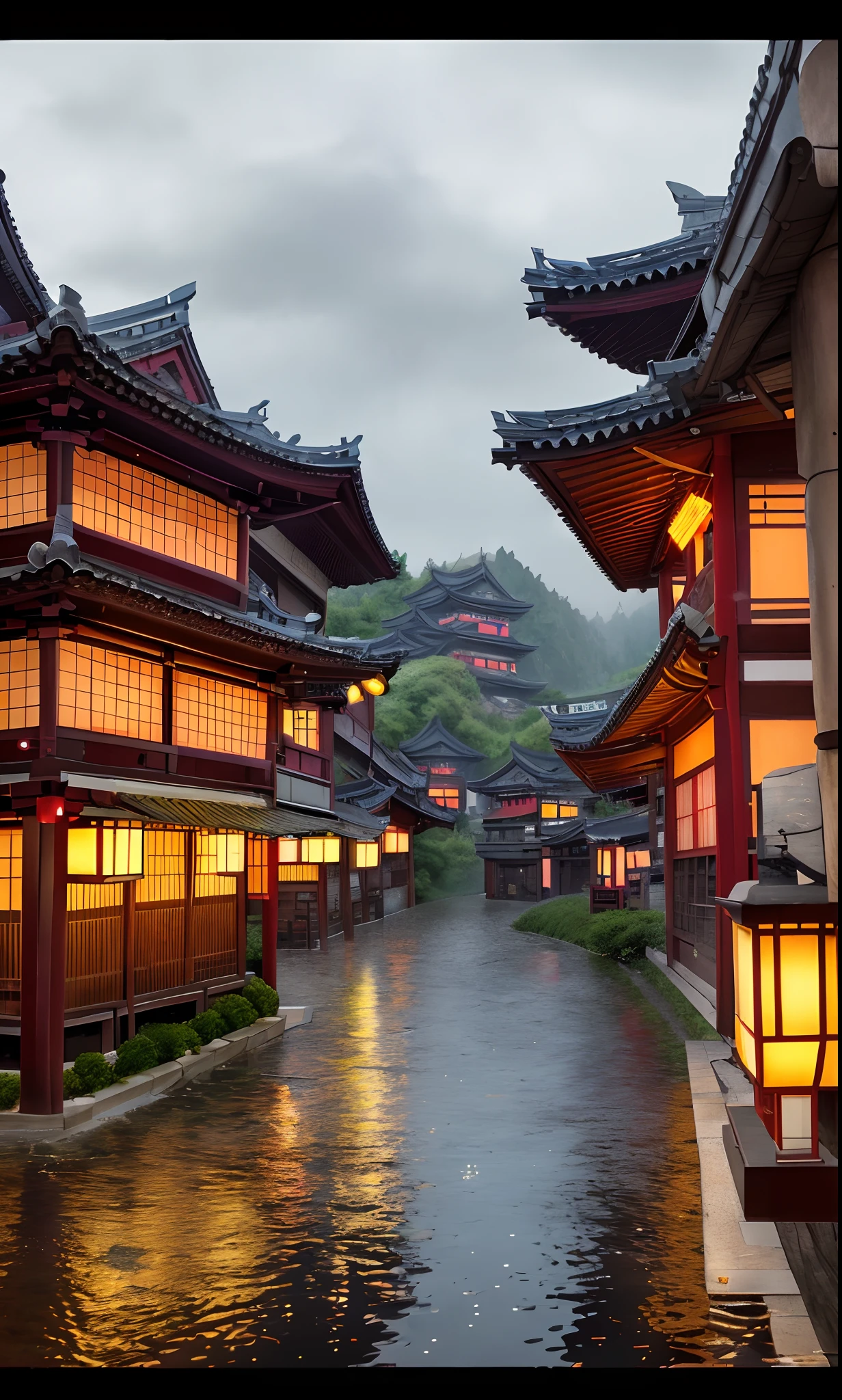 arafed view of a village with a lot of lights on the buildings, dreamy chinese town, chinese village, amazing wallpaper, japanese town, japanese village, hyper realistic photo of a town, old asian village, japanese city, by Raymond Han, rainy evening, cyberpunk chinese ancient castle, beautifully lit buildings, at evening during rain, beautiful and aesthetic, photography, cinematic, 8k, high detailed ((Heavy rain)))