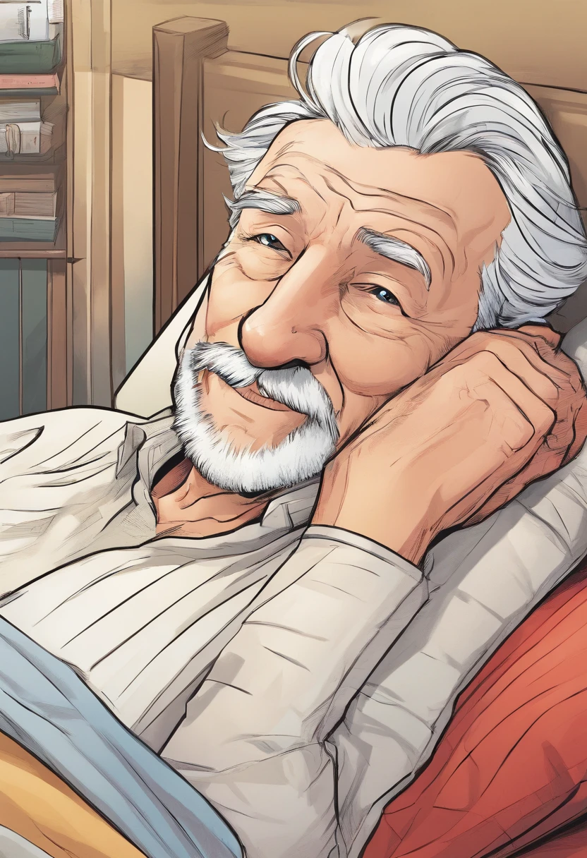 a old man,with short white hair,White beard,Lie down in bed,weak,sick,