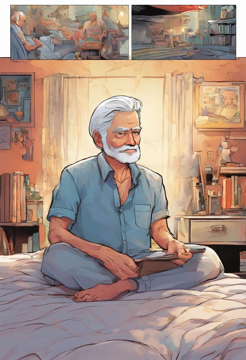 a old man，with short white hair，White beard，Lie down in bed，weak，sick，