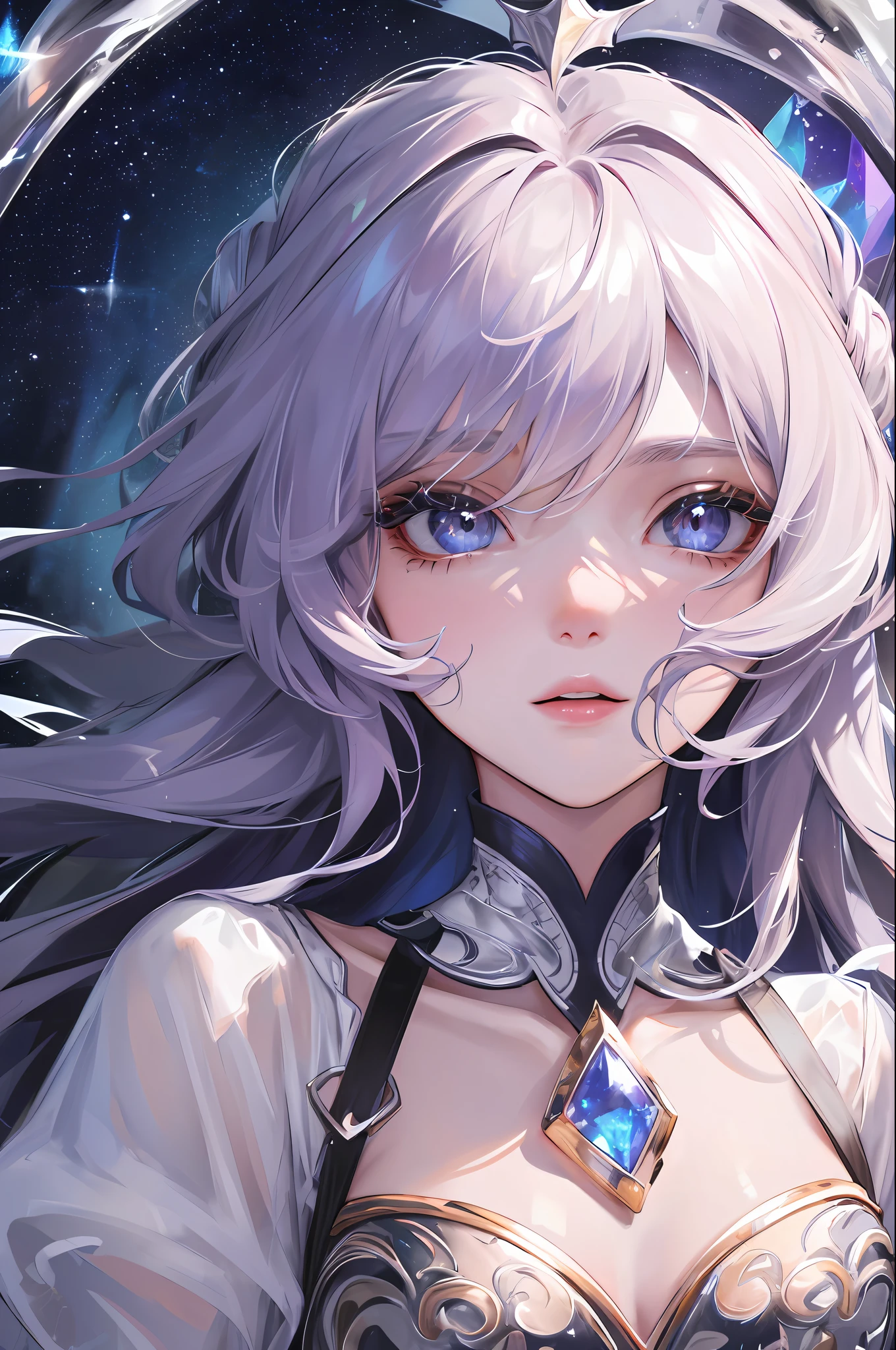 high high quality,tmasterpiece,Delicate facial features,Delicate hair,Delicate eyes,Girl's eye details,Long eyelashes,gem-like eyes,Crystal texture,Glazed texture,Onyx texture,Bright,glitters,high light,Gradient,Iris gradient,beautiful pupil,There are rivers of stars in the eyes,Highly detailed,high-definition picture quality,Bright colors,Depth of field effect,Star background,8K high quality detailed art(Delicate facial portrayal)(Fine hair depiction)(highest quality)(Master masterpieces)(High degree of completion)(a sense of atmosphere)8k wallpaper,tmasterpiece,Best quality at best,ultra - detailed