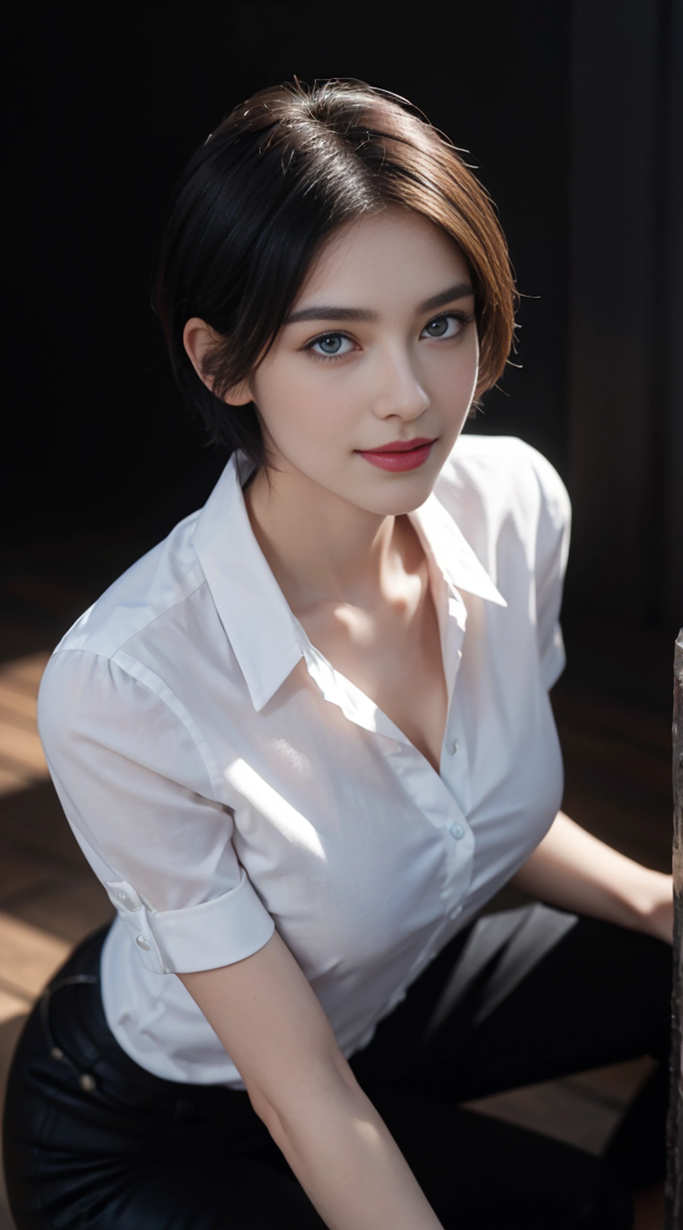 8K, Top Quality, Intricate Details, Ultra Detail, Ultra High Resolution, Masterpiece, random angle, Slender, Smile, (Makeup: 0.4), (Fluffy Blue Eyes: 1.21), blue Eyes,, ((full body)), 1girl, solo, 1 girl, (( full body)), close-up shot, kneeling , , ((tall)), (((fit body))), (((slim face))), sharp face, sharp eyes, (((black hair, short hair, )) (detailed face), sharp face, small lips, thin lips,
(( Button down shirt )), detailed face, detailed breast, , large breast, detail, , Beautiful girl with accentuated slender abs: 1.4, Six Pack Abs: 1.4, Bust Botox, Big, Perfect Body, detail leg, (( moonlight)), top of mountain
