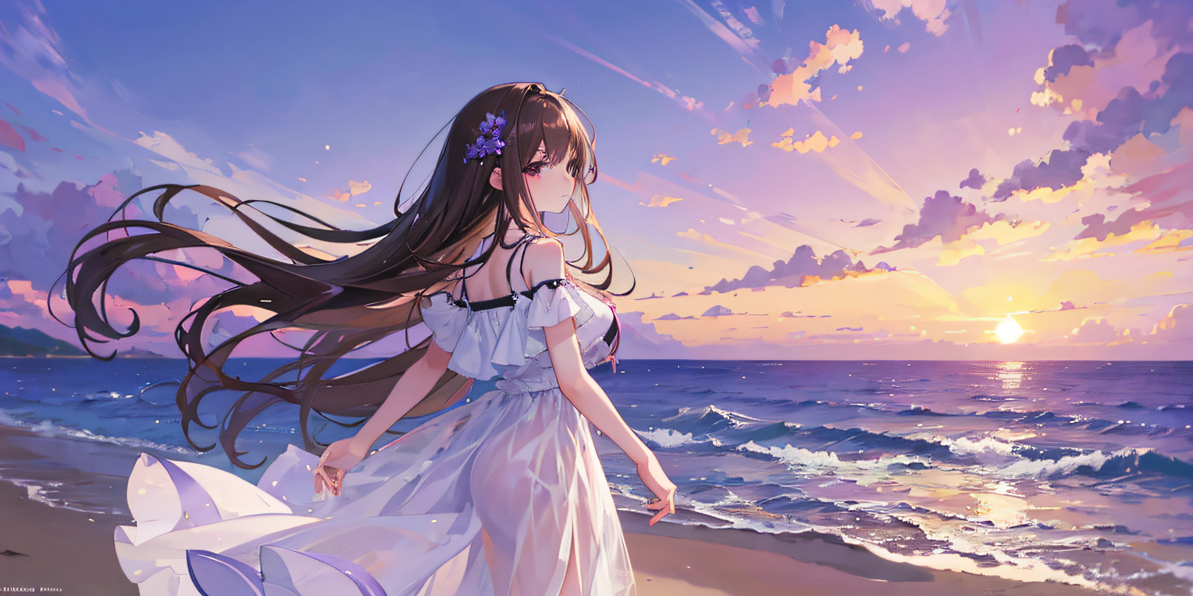 Masterpiece, Best quality, beautiful purple sunset at beach , in summer, beautiful detailed water, over the sea, Girl, Solo, Long hair, Brown hair, x hair ornamen,Black eyes, white dresses, Summer_dress, Arm at side , Looking into the distance