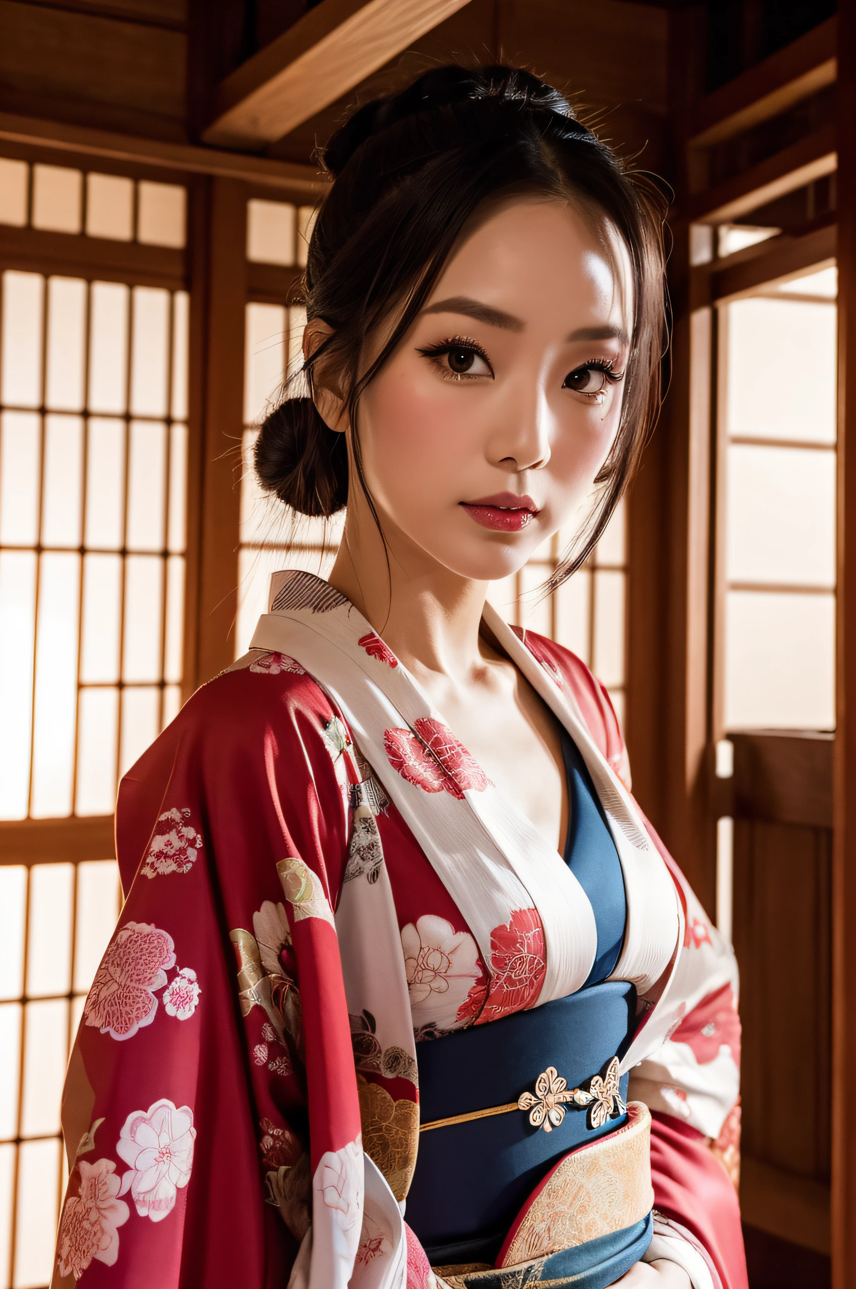 big breasted japanese woman in elaborate kimono, ornate shrine, cinematic atmosphere, (best quality,4k,8k,highres,masterpiece:1.2),ultra-detailed,(realistic,photorealistic,photo-realistic:1.37),(looking at viewer),highly detailed face,beautiful detailed eyes,beautiful detailed lips,extremely detailed eyes and face,long eyelashes,intricate kimono design,ornate shrine background,warm lighting,dramatic shadows,vibrant colors,photorealistic