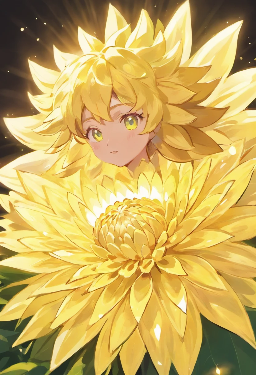 There are yellow diamond dahlia flowers with stars in the background, a glowing delicate flower, Giant Dahlia Flower Head, Luminous flowers, Close-up of giant dahlia flower head, photorealistic detailed picture, Beautiful flowers, Drawing flowers, Yellow glowing magic, Rendered illustration, photorealistic highly detailed, Photorealistic Illustration, Highly detailed photorealistic, more detailed illustration, Beautiful glowing backlight, Light Bloom Sunlight, Hyperrealism, cinematic lighting, chiaroscuro