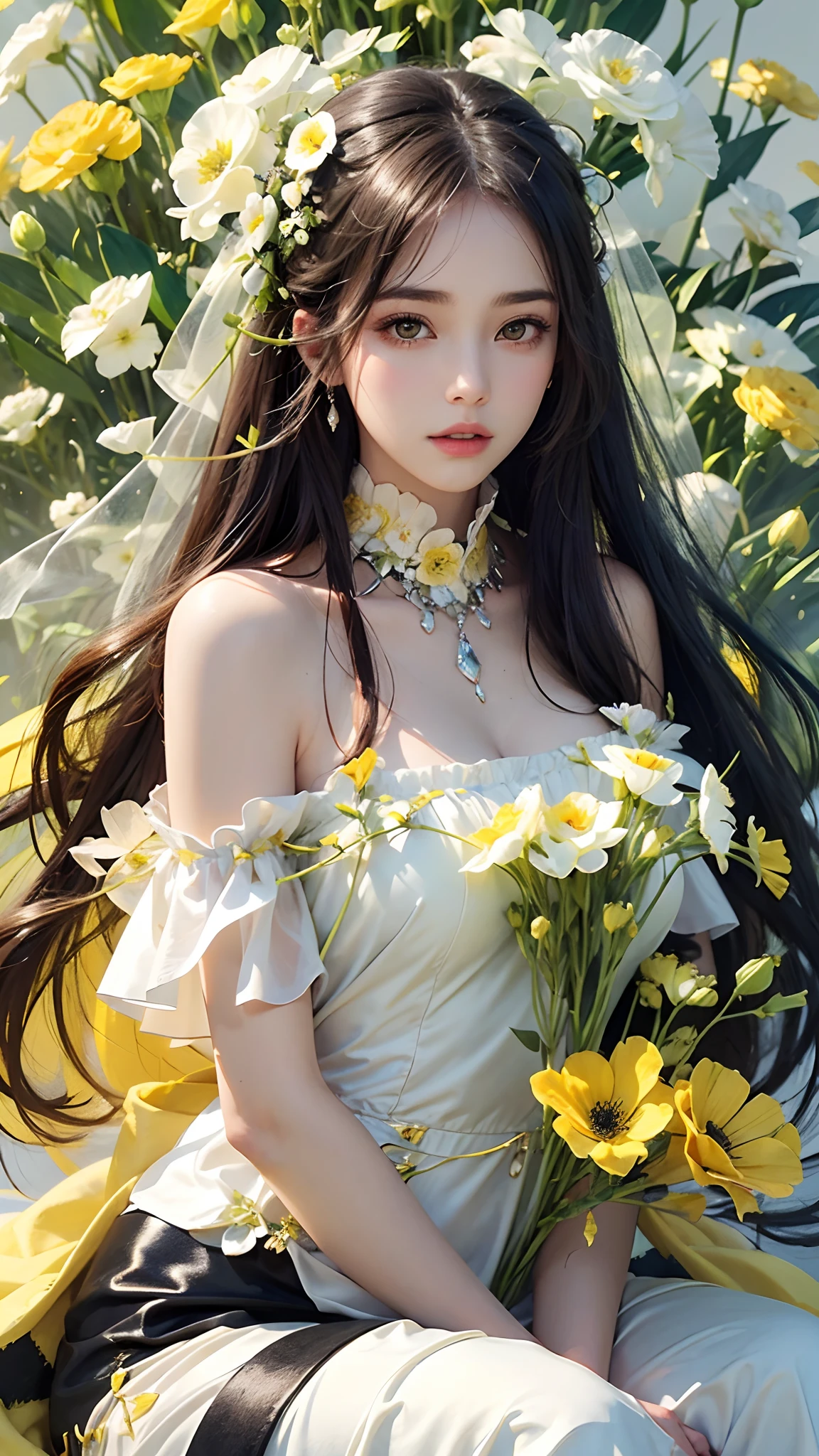 1girl, long hair, flower, Lisianthus, in the style of yellow and light azure, dreamy and romantic compositions, yellow, ethereal foliage, playful arrangements, fantasy, high contrast, ink strokes, explosions, over exposure, yellow and white tone impression, abstract, attractive pose, sitting,