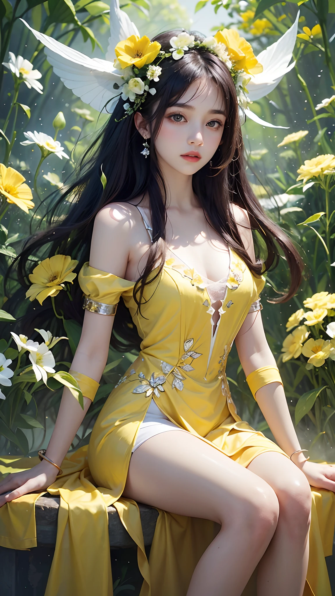 1 girl, standing, sexy seductive pose, (single, full body: 1.2, young, big breasts: 1.2), detailed face, wearing a dress, long and beautiful flowing clothes, yellow cloth, yellow gorgeous dress, close-up of a woman,