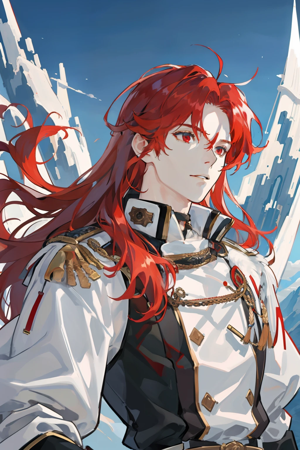 (masuter piece,Best Quality,Ultra-detailed), (A detailed face), 1male people, mature, Belitol, musculature, broad shoulders, long red hair, Akame, Officer uniform, White cloak, landscape, the wind,Fire Emblem
