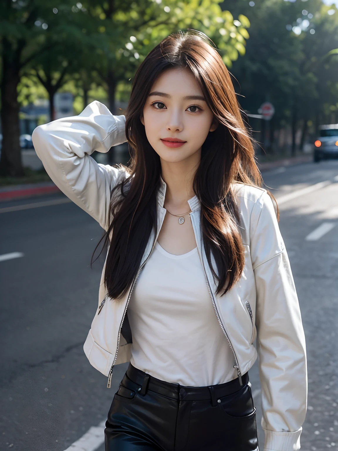 best qualtiy,tmasterpiece,超高分辨率,(真实感:1.4),RAW photogr,1girll,long whitr hair,Face Highlighting,Pure,Girly,Flushing,18yr old,18-year-old smiling female classmate,Pure,Innocent,(best qualtiy,8K,tmasterpiece:1.3),Goose egg face,largeeyes,long eyelasher,Exquisite(live-action realistic style),Star-like eyes,Ultimate face,Photorealistic light and shadow,Clear facial features,Milky white skin,Fair skin, highdetailskin, Realistic skin details, Visible Pore,(Super detail),(perfect bodies:1.1),long whitr hair,(dynamicposes),((Dynamic background((volumettic light:1.3)),highways,A desert,Black leather jacket,Deep V vest,shorter pants,walking pose
